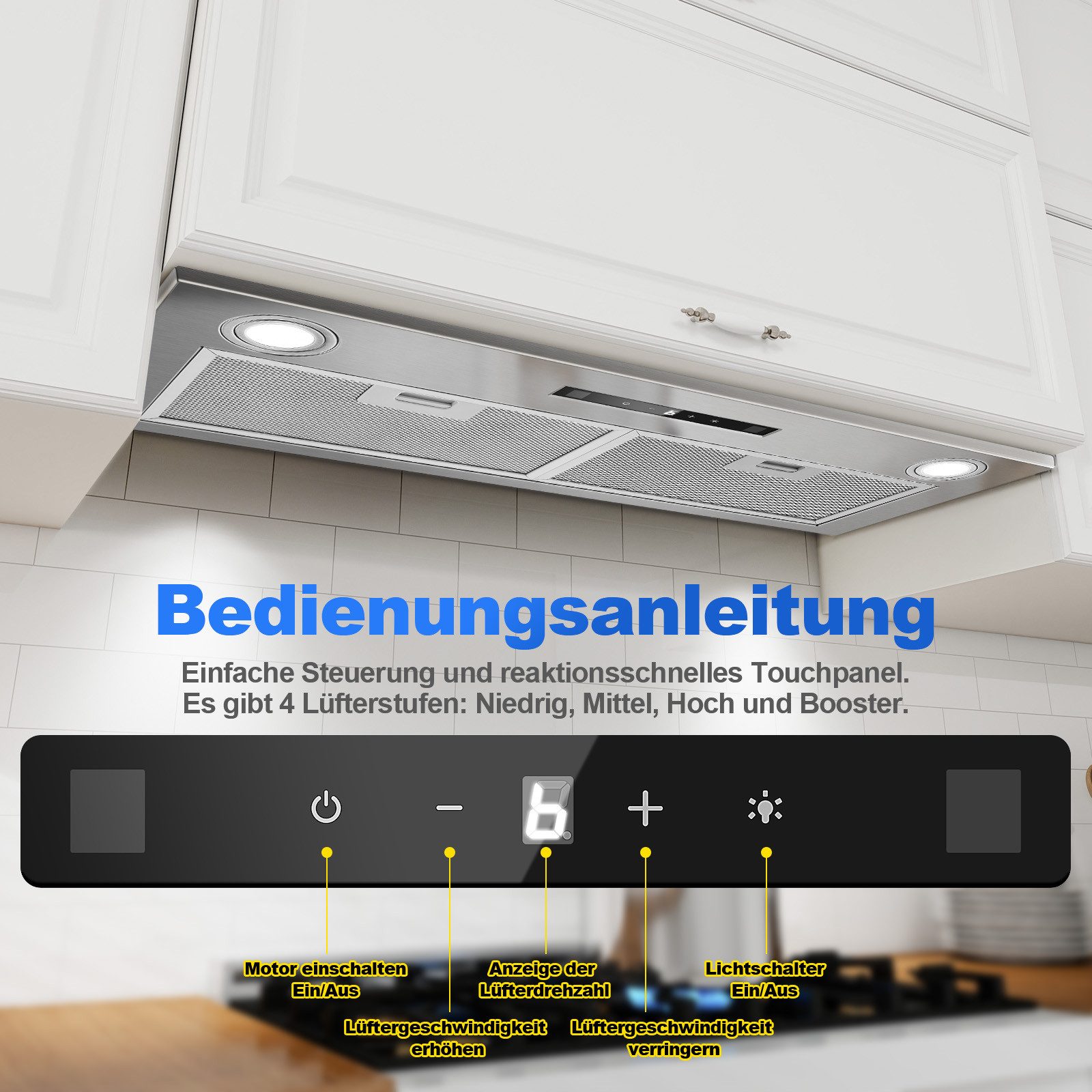 SNDOAS Kopffreihaube Einbau Dunstabzugshaube 72cm mit 400m³/h starker Absaugleistung Einbau Dunstabzugshaube 72cm mit 400m³/h starker Absaugleistung, 3 Leistungsstufen + Booster, Abluft/Umluft A++