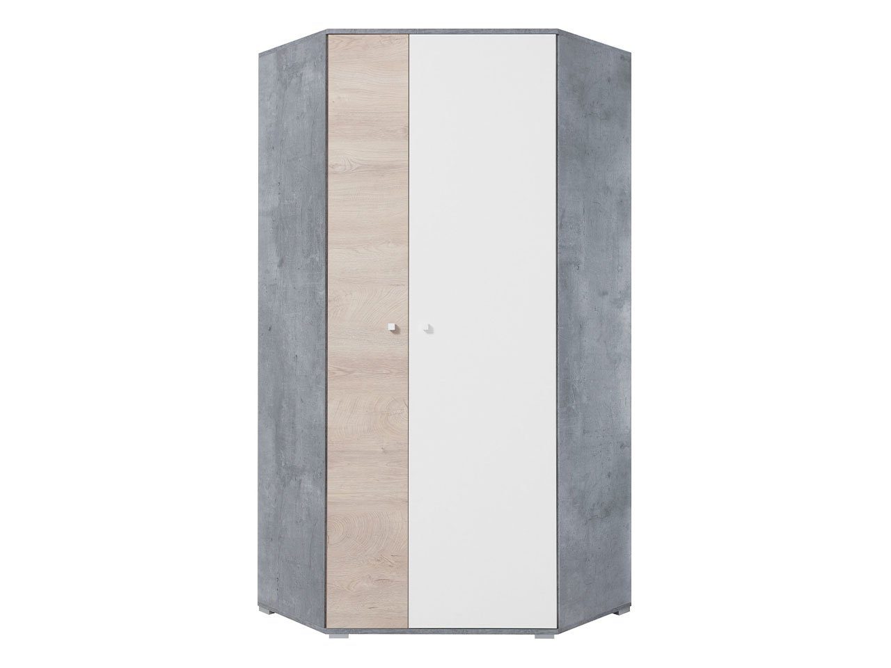 Mirjan24 Kleiderschrank Sigma 02 L / P (mit 2 Türen) mit Kleiderstange, Regalfächern, Tür universell Beton / Weiß + Eiche | Kleiderschränke