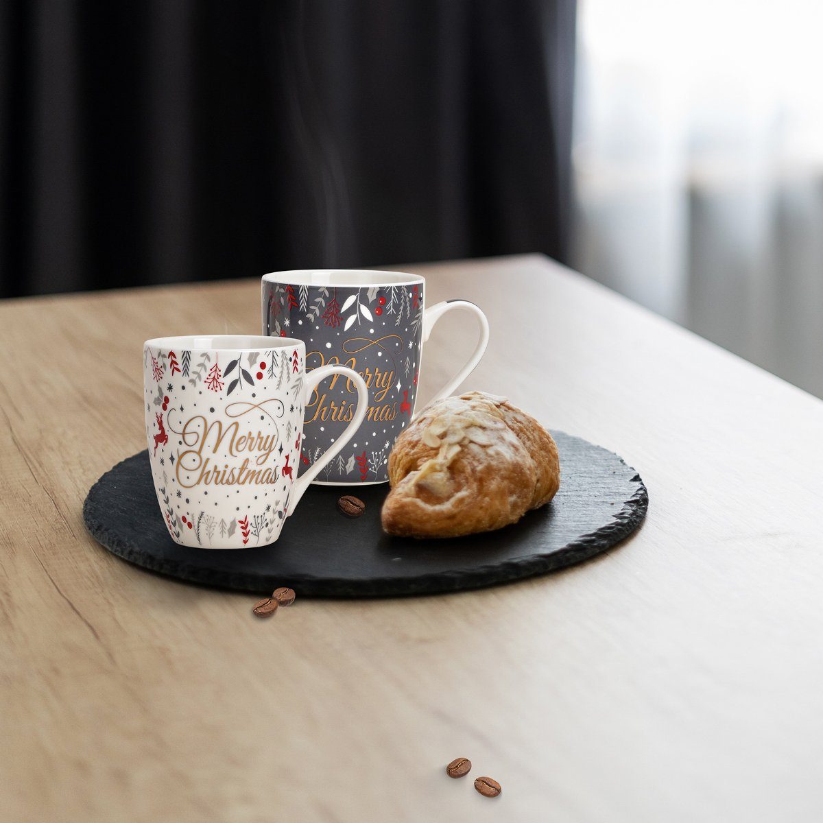 matches21 HOME & HOBBY Tasse Weihnachtassen 2er Set mit Spruch Merry Christmas Kaffeetassen, 2-tlg., Porzellan, Tee Kaffee-Becher, Weihnachten, modern, grau weiss bunt, 300 ml