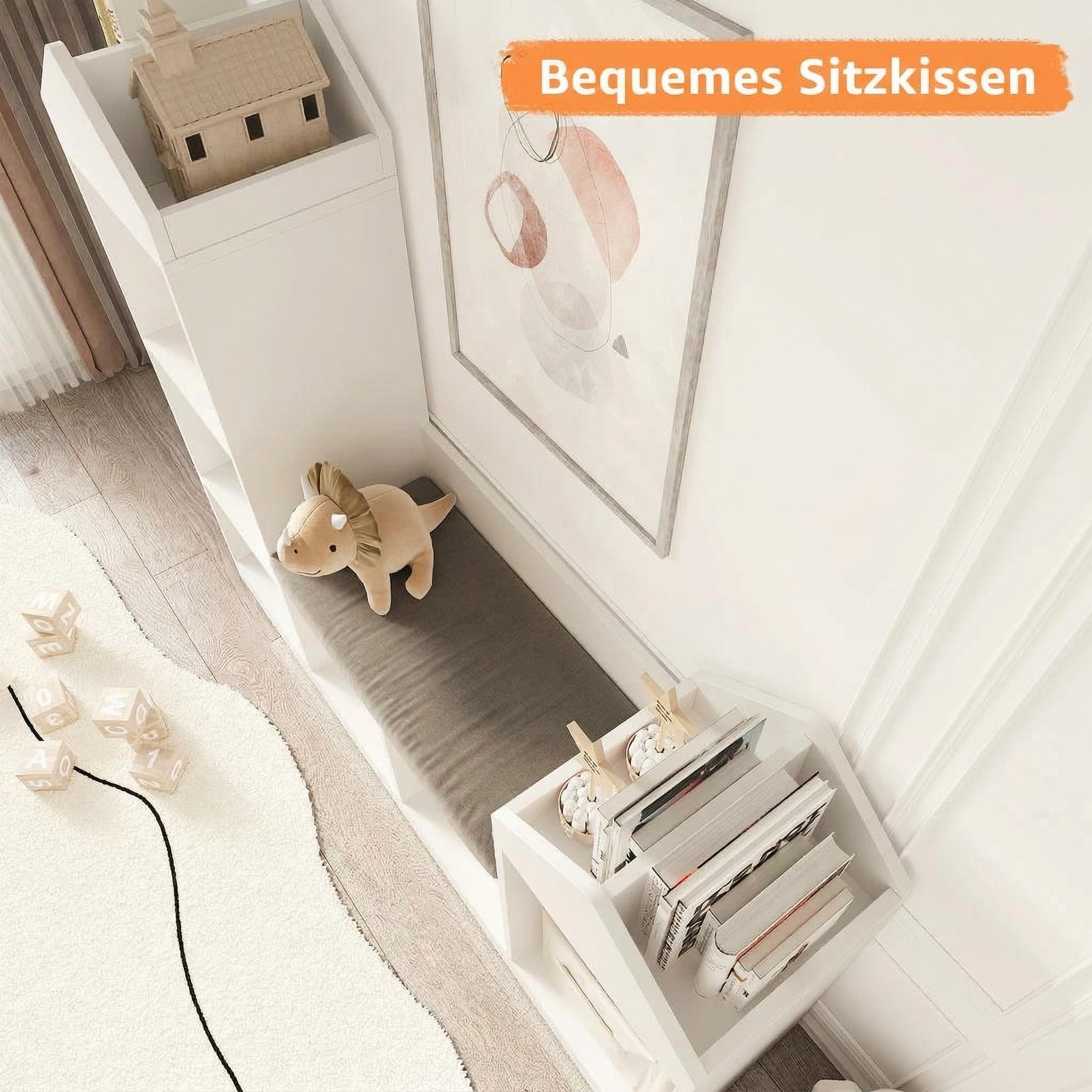 GarveeMore Kinderregal mit 6 Fächern und Sitzkissen,Burgdesign Spielzeugtruhe,121x30x107cm, Bücherregal Kinder,Standregal Spielzeug für Kinderzimmer,Schlafzimme – Bild 4 von 5