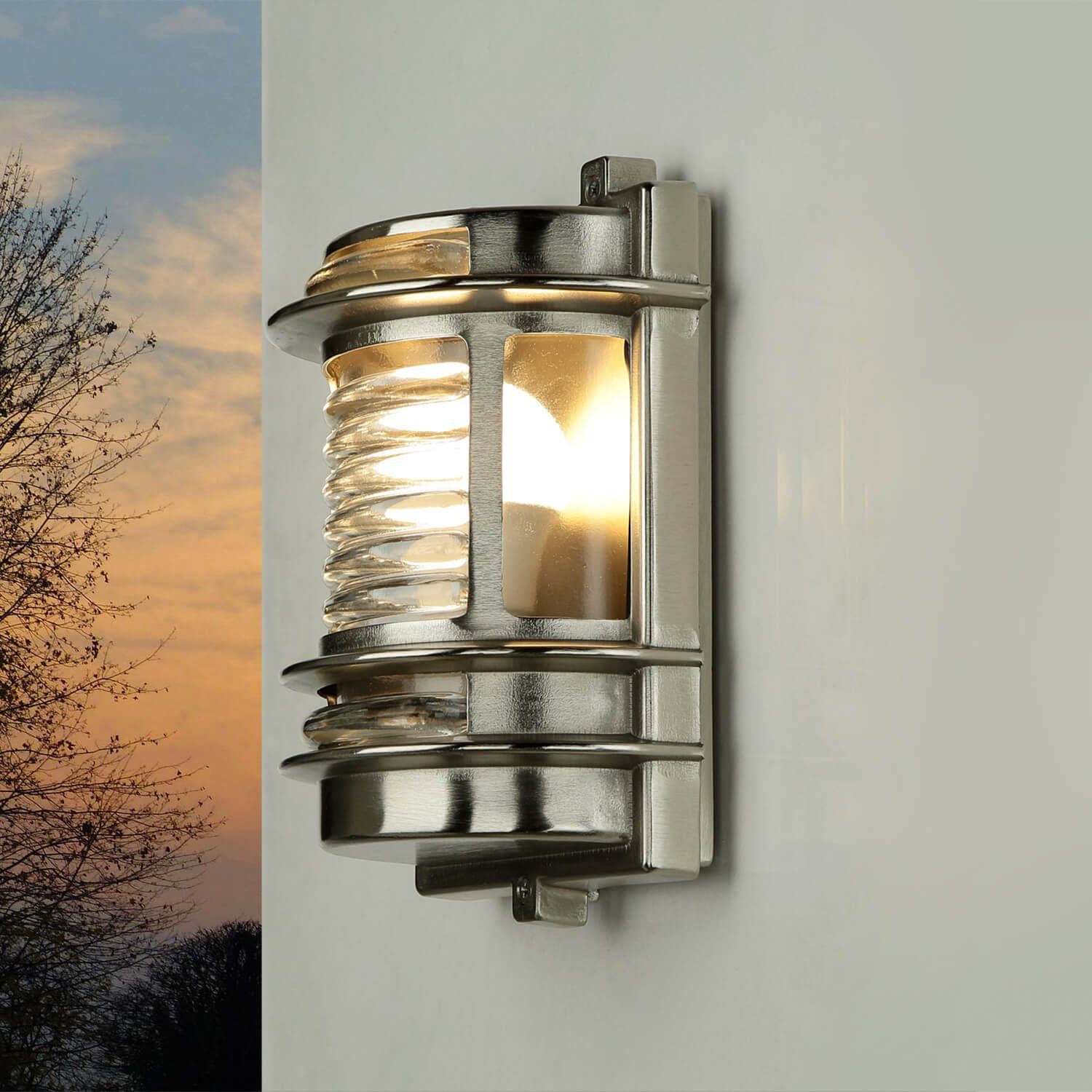 Licht-Erlebnisse Außen-Wandleuchte GRACIA, ohne Leuchtmittel, Außenwandleuchte Messing Riffelglas maritim Haustür Lampe