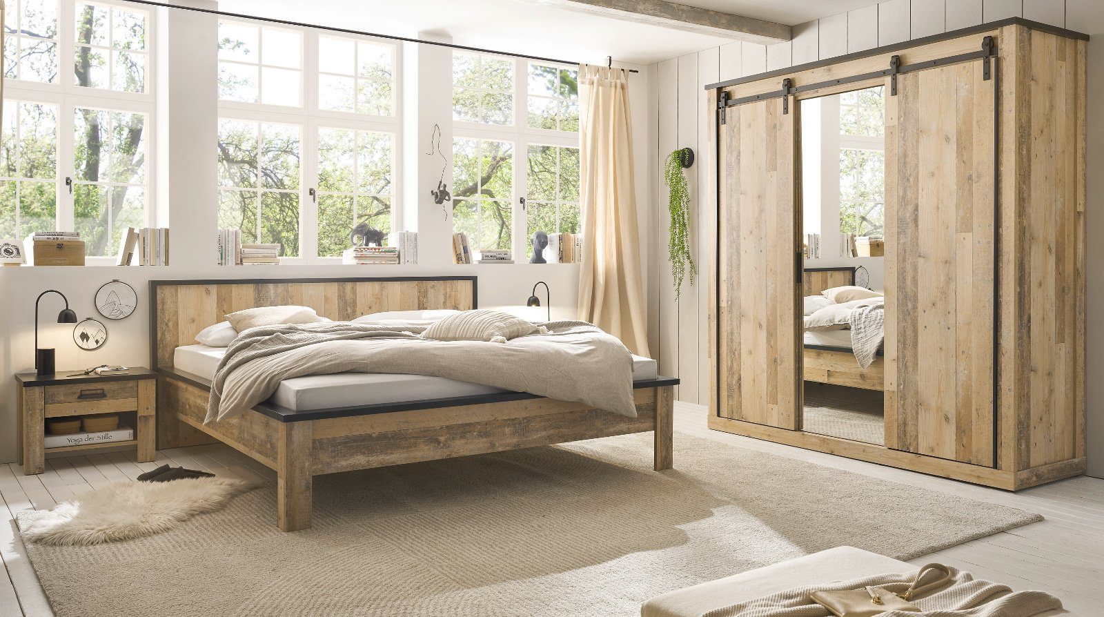 Furn.Design Komplettschlafzimmer Stove, (in Used Wood, Komplett-Set mit Doppelbett (180x200 cm), mit Schiebetüren und Soft-Close-Funktion