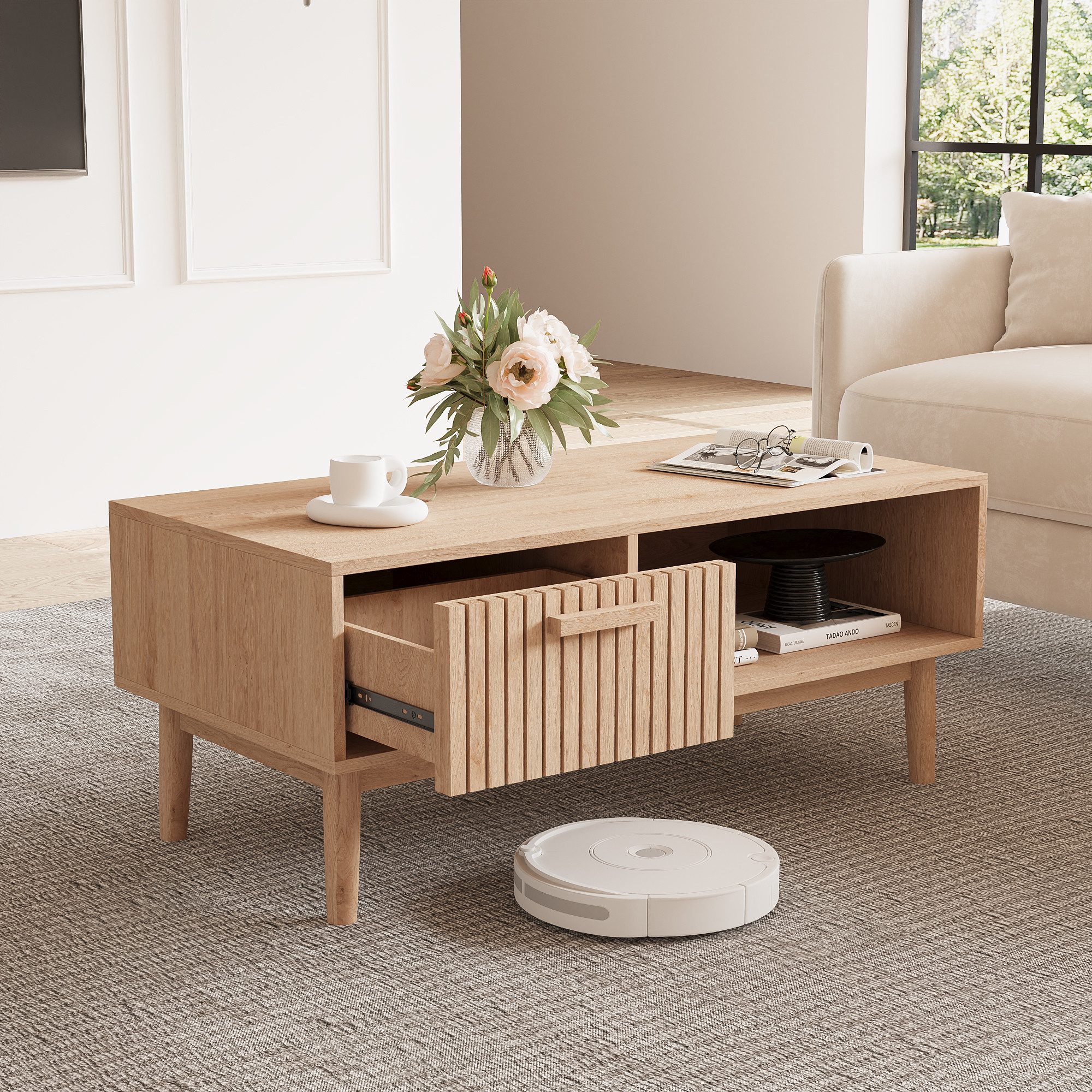 FUROKOY TV-Schrank (100cm Holzfarbenes Rattan-Couchtisch, mit günstig online kaufen