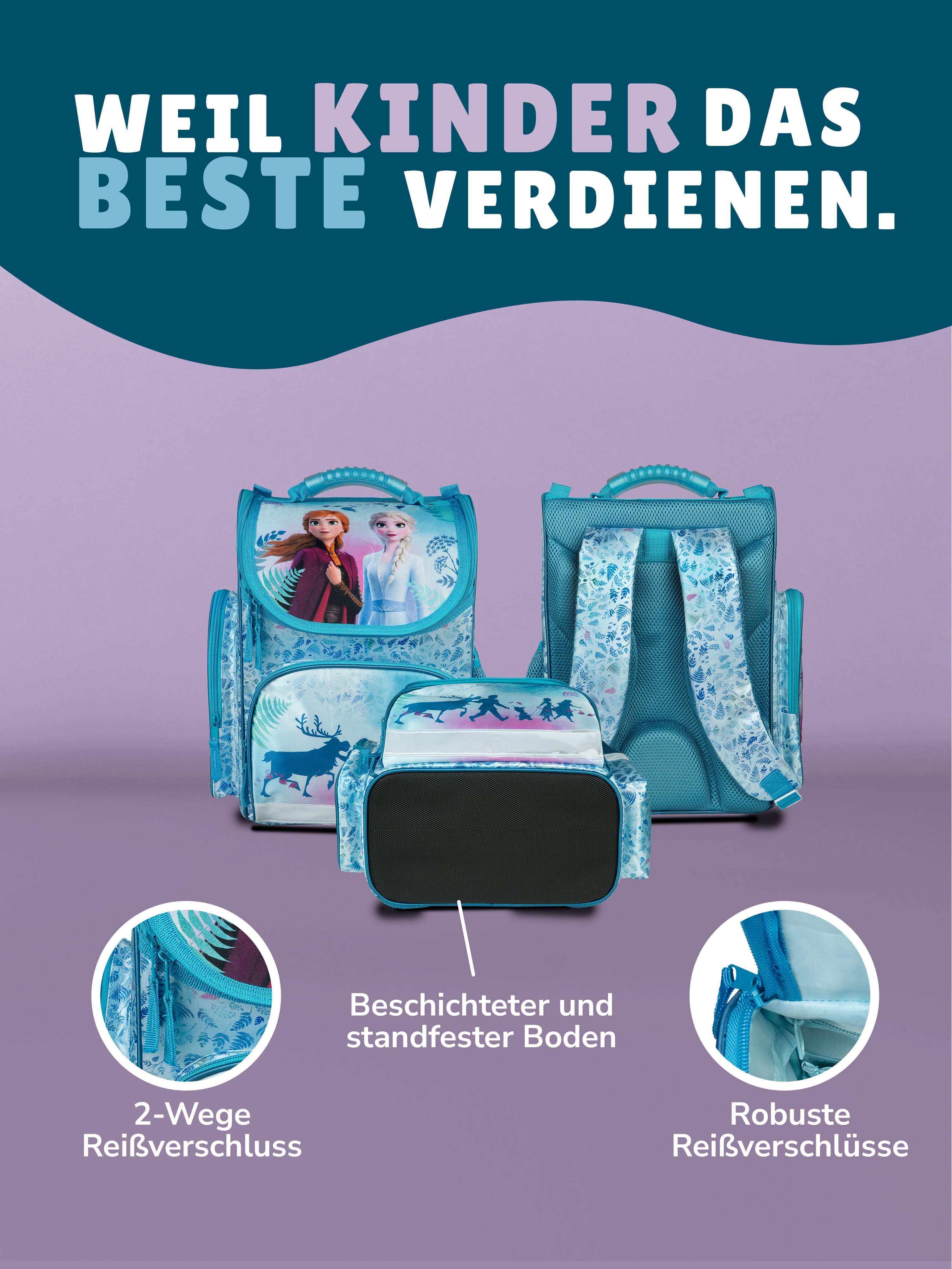 Familando Schulranzen Clou Schultasche Frozen Die Eiskönigin, blau - ab 1. Klasse (Grund-Set, 5-tlg., mit Federmappe, Turn- & Geldbeutel), mit Anna und Elsa