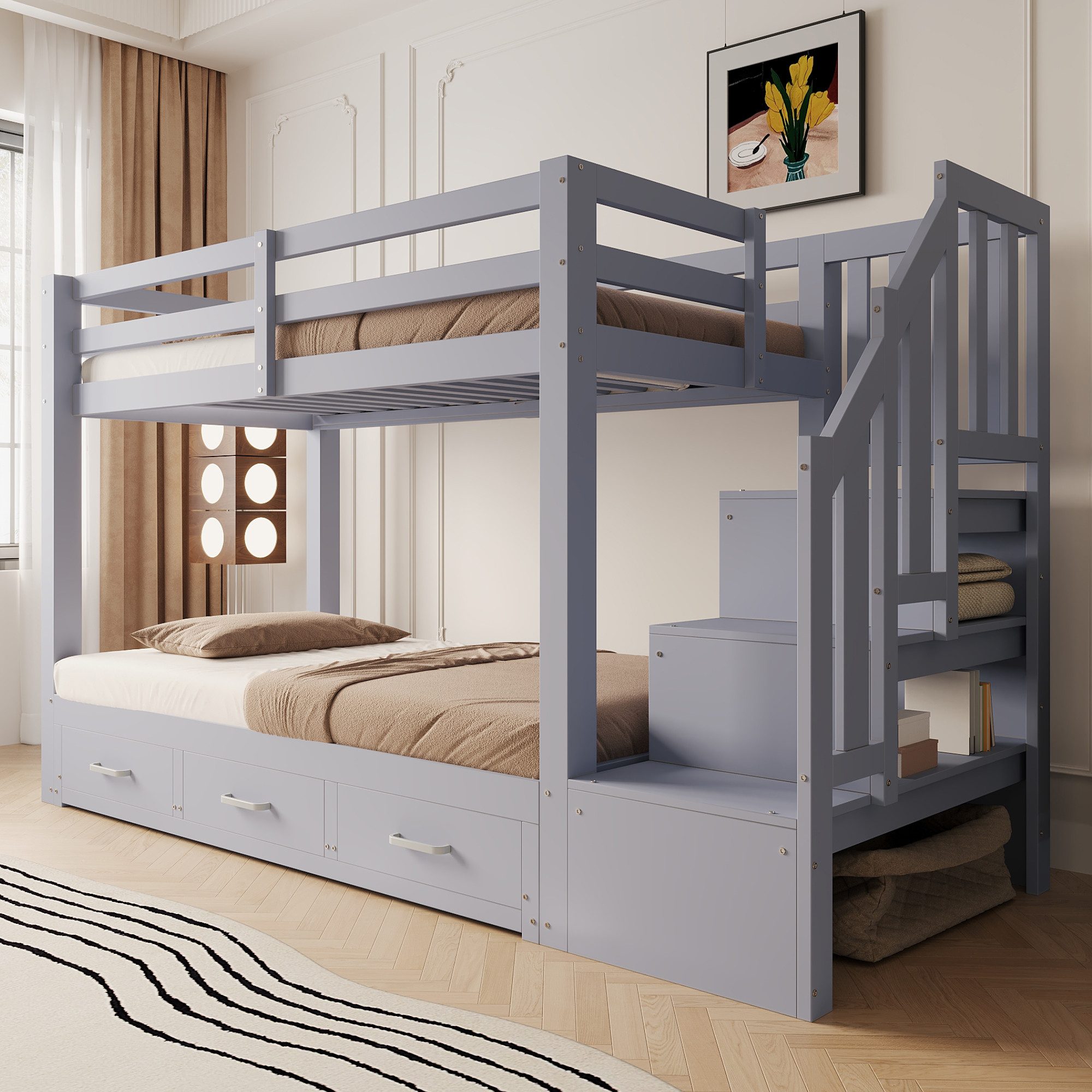 Flieks Etagenbett Oberbett 90x200cm Unterbett 90/180x190cm, Kinderbett mit Stauraumtreppe Schubladen Ausziehbett 90x190cm