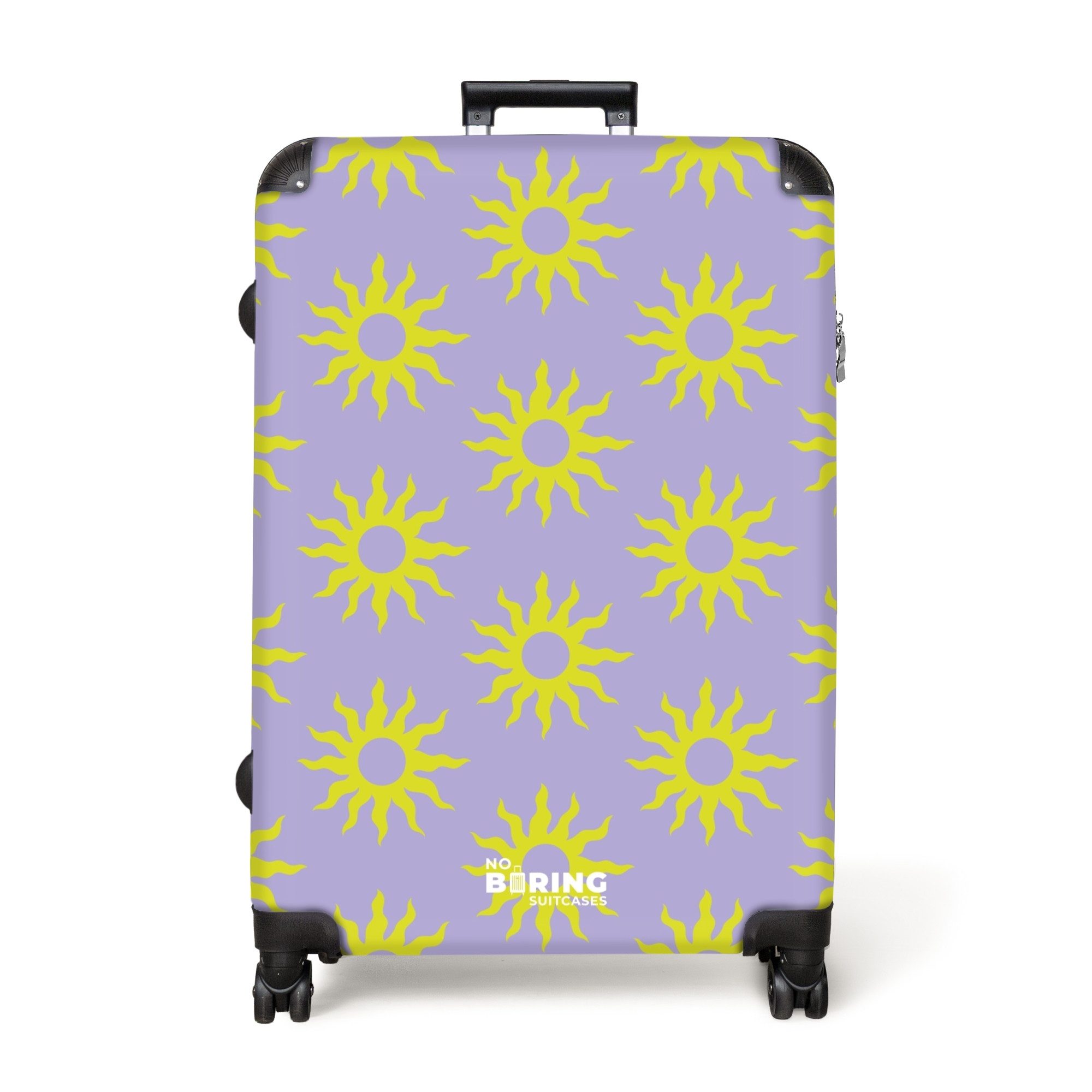 NoBoringSuitcases.com© Hartschalen-Trolley Lila mit gelben Sonnen günstig online kaufen