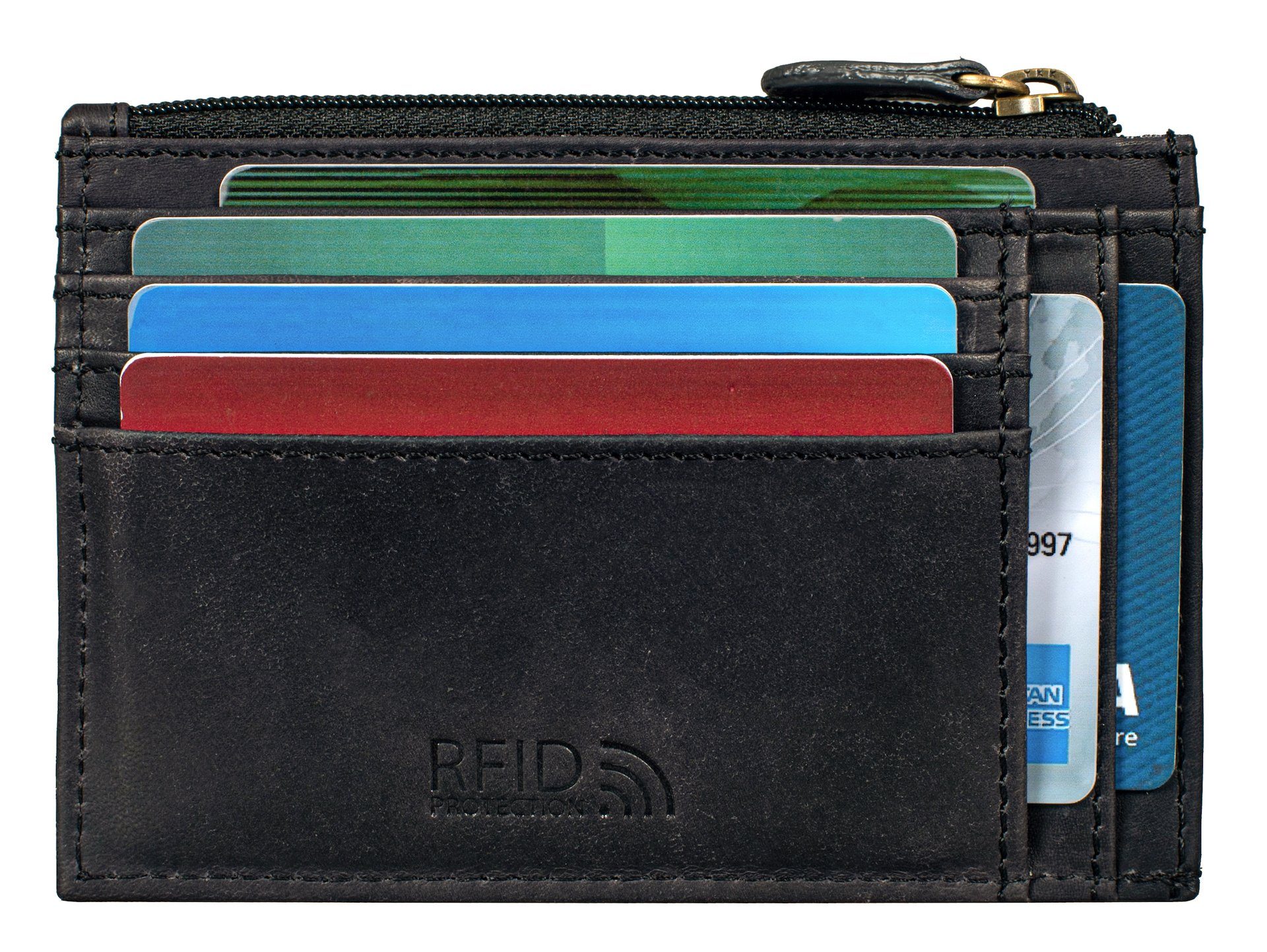 Benthill Kartenetui Kreditkartenetui Slim Portemonnaie Echt Leder Geldbörse Mini Wallet, RFID-Schutz Kartenfächer Münzfach Reißverschlussfach – Bild 5 von 5