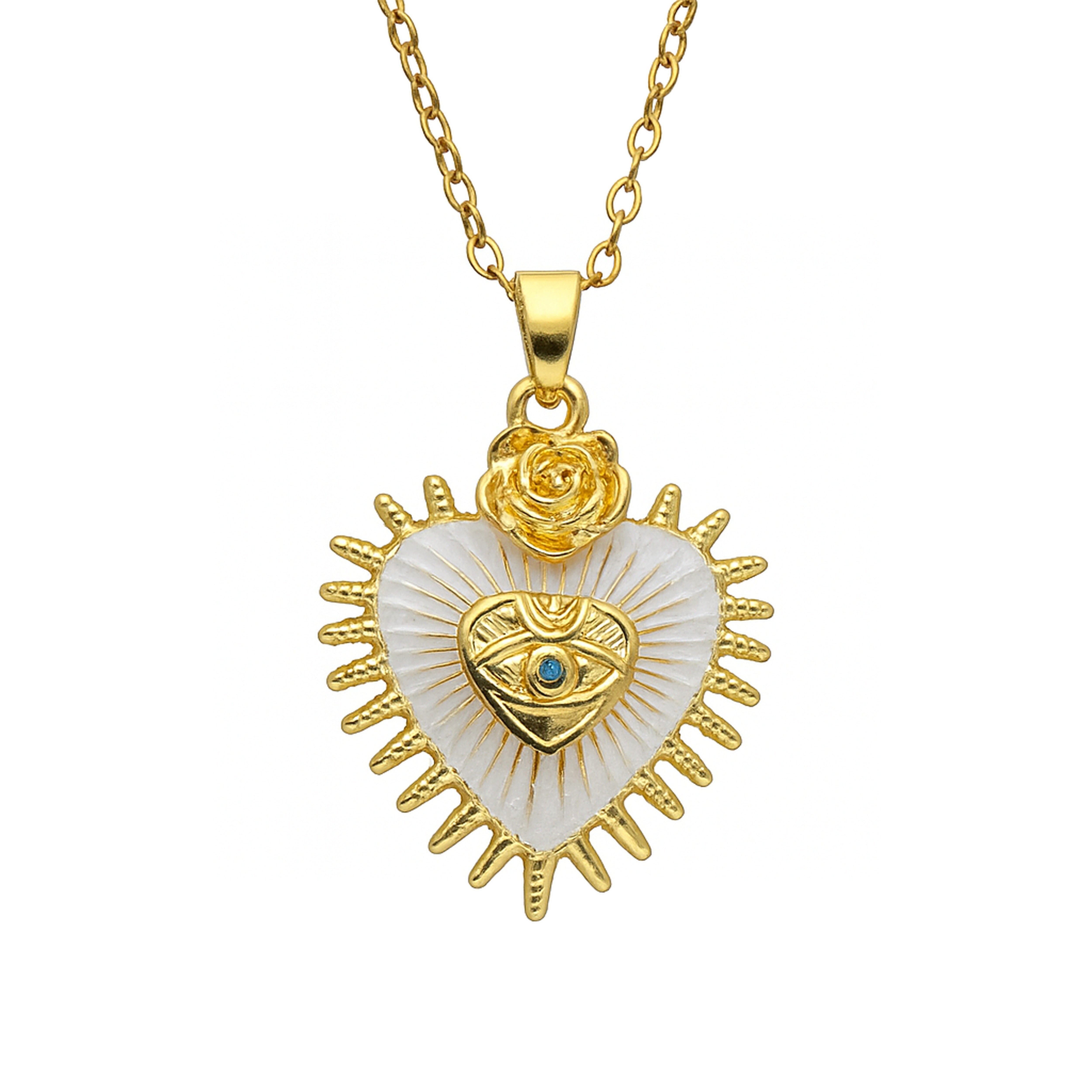 Lebensquelle Plus Kettenanhänger Herz-Anhänger Kette Evil Eye & Rose – weiße Emaille, vergoldet
