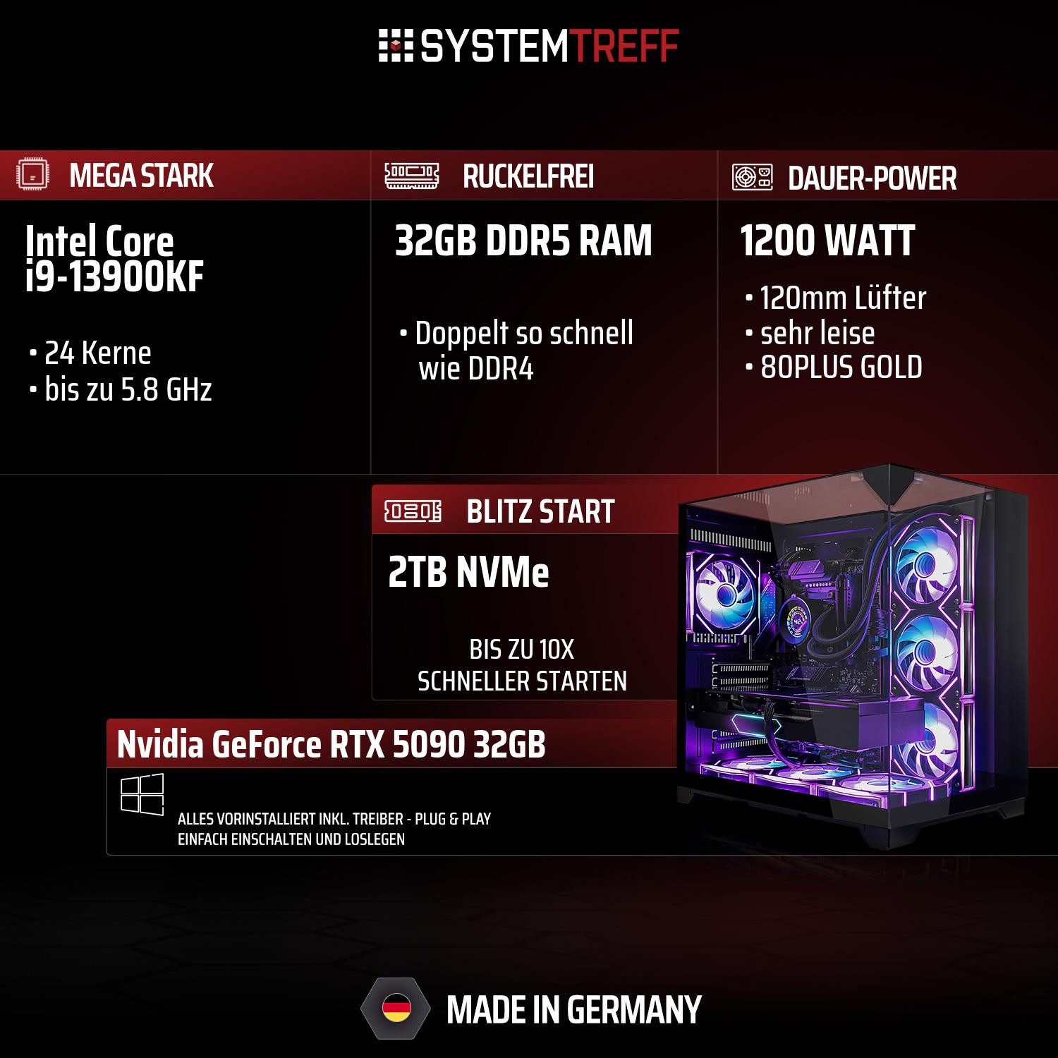 SYSTEMTREFF Intel Core i9-13900KF mit Nvidia GeForce RTX 5090 32GB Gaming-PC (Intel 13900KF 13900KF, Nvidia GeForce RTX 5090, 32 GB RAM, 2000 GB SSD, Wasserkühlung)