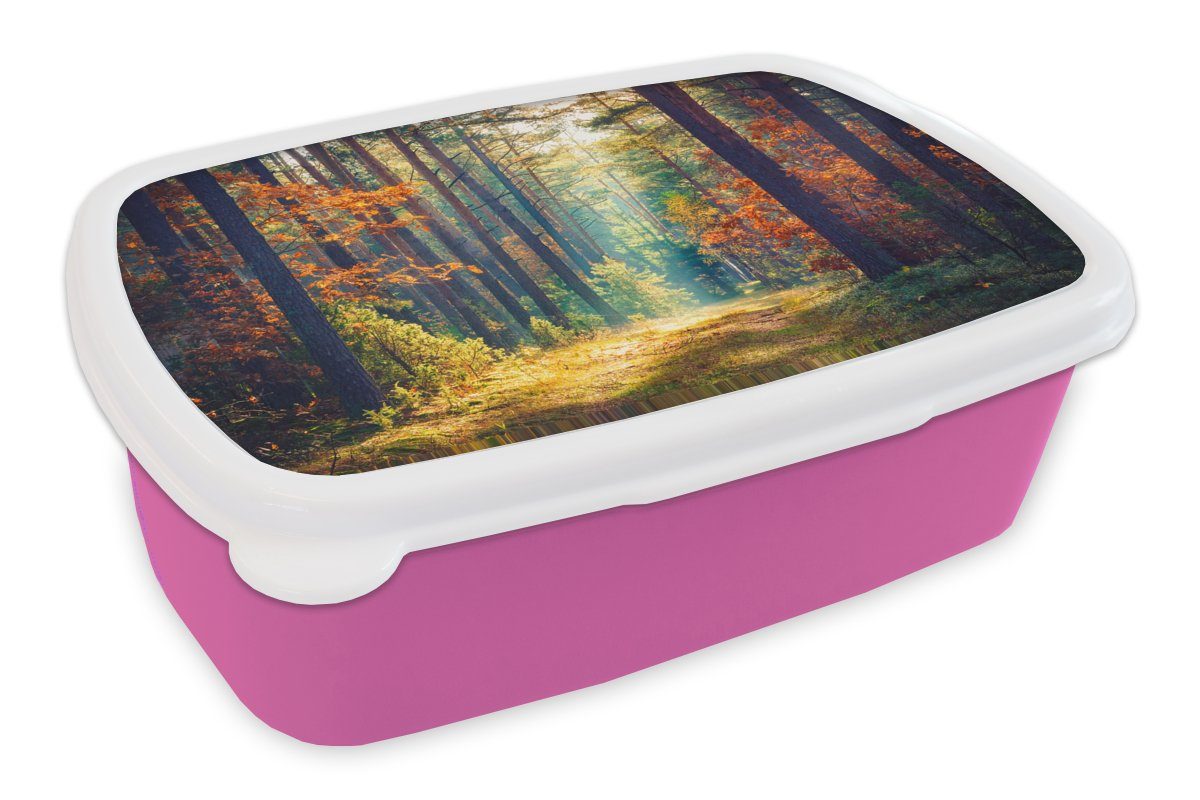 MuchoWow Lunchbox Wald - Sonne - Natur - Herbst, Kunststoff, (2-tlg), Brotbox für Erwachsene, Brotdose Kinder, Snackbox, Mädchen, Kunststoff rosa