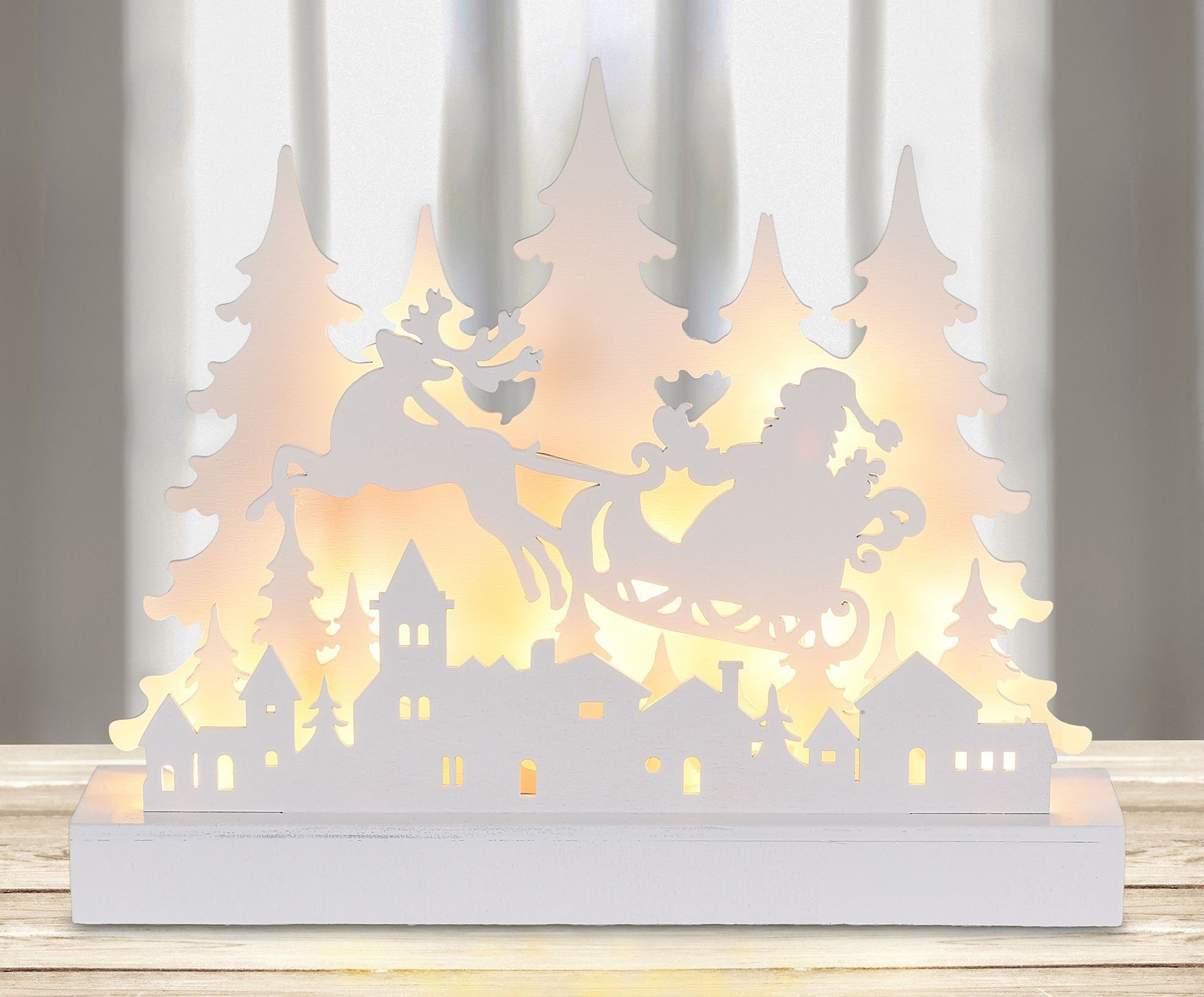 Spetebo Weihnachtsszene LED Holz Silhouette "Weihnachtsmann im Schlitten", 30 cm / 12 LED - Advent Winter Tischdeko warm weiß beleuchtet