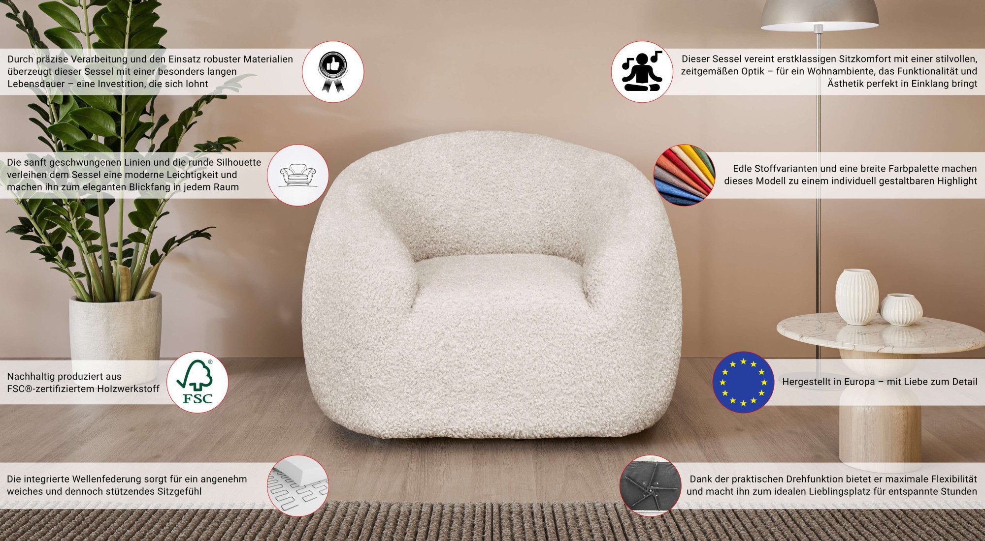 LeGer Home by Lena Gercke Drehsessel YANI Relaxsessel, Loungesessel, Maße B/T/H: 119/98/82 cm, organische Form, mit Wellenunterfederung, auch in Bouclé