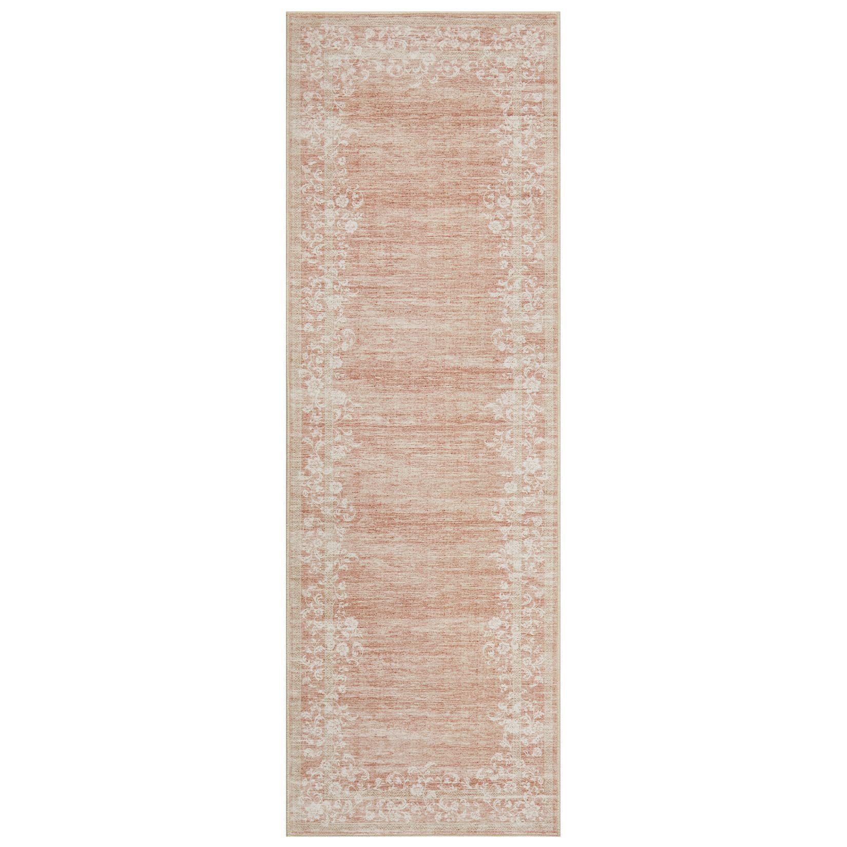 GarveeMore Veloursteppich Waschbarer Vintage Teppich Designteppich Läufer mit floraler Bordüre, Moderner Kurzflor, rutschfest, pflegeleicht & schmutzabweisend