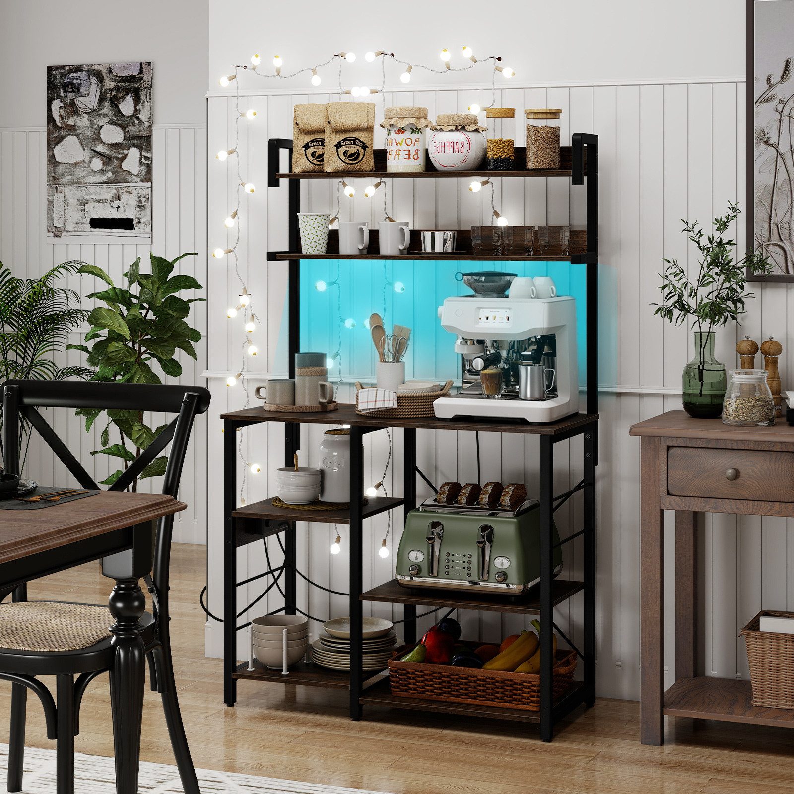 COSTWAY Küchenregal, Standregal mit LED-Beleuchtung & Steckdosen, 40,5 cm