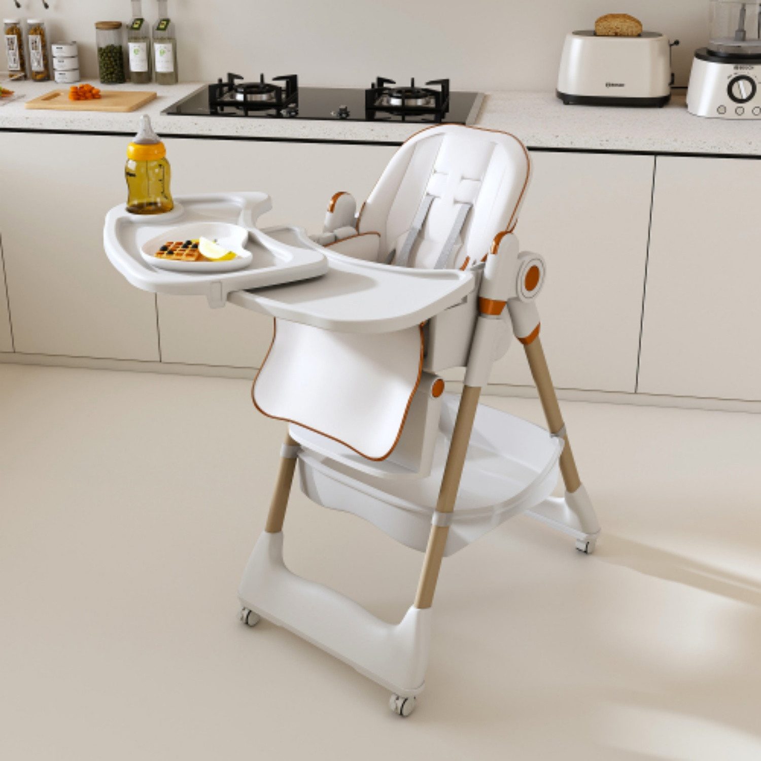 ibettertec Kinderstuhl Verstellbarer Babyklappstuhl 0-6 Jahre-mit Sicherheitsgurt (Set), Leisen Sperrbaren Rädern & Einfacher Reinigung für Zuhause