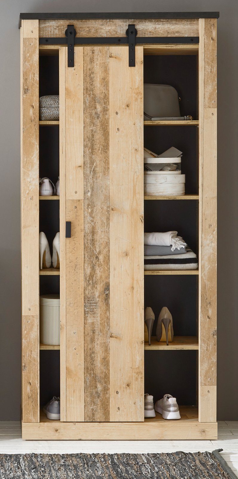 Furn.Design Hochschrank Stove (Stauraumschrank in Used Wood, 10 Fächer, 93 x 201 cm) mit Schiebetür