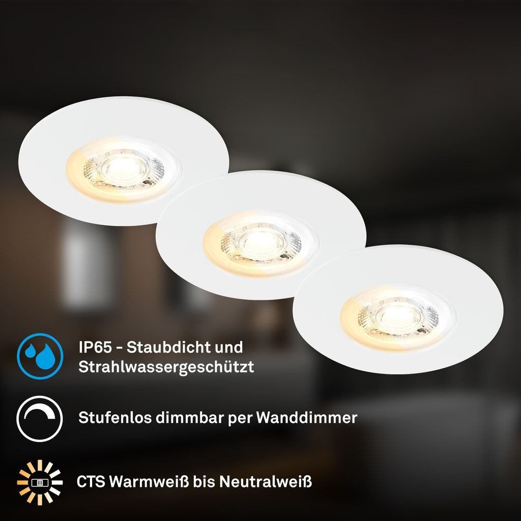 Briloner Leuchten LED Einbaustrahler LED Einbaustrahler 3er Set Schwenkbar CCT Dimmbar IP65, LED fest integriert, 4000K - Neutralweiß, 2700K - Extra-Warmweiß, 3000K - Warmweiß, 90x27 mm, Wohnzimmer, Flur