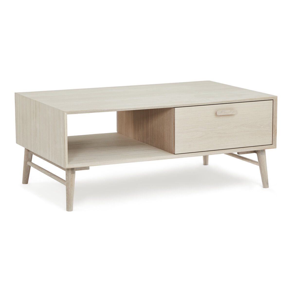Feeling4Home Couchtisch Otaro 120 cm Eiche Whitewash - Massivholzbeine & MDF mit Eichenfurnier, Gelungene Kombination aus Stauraum und offener Ablage