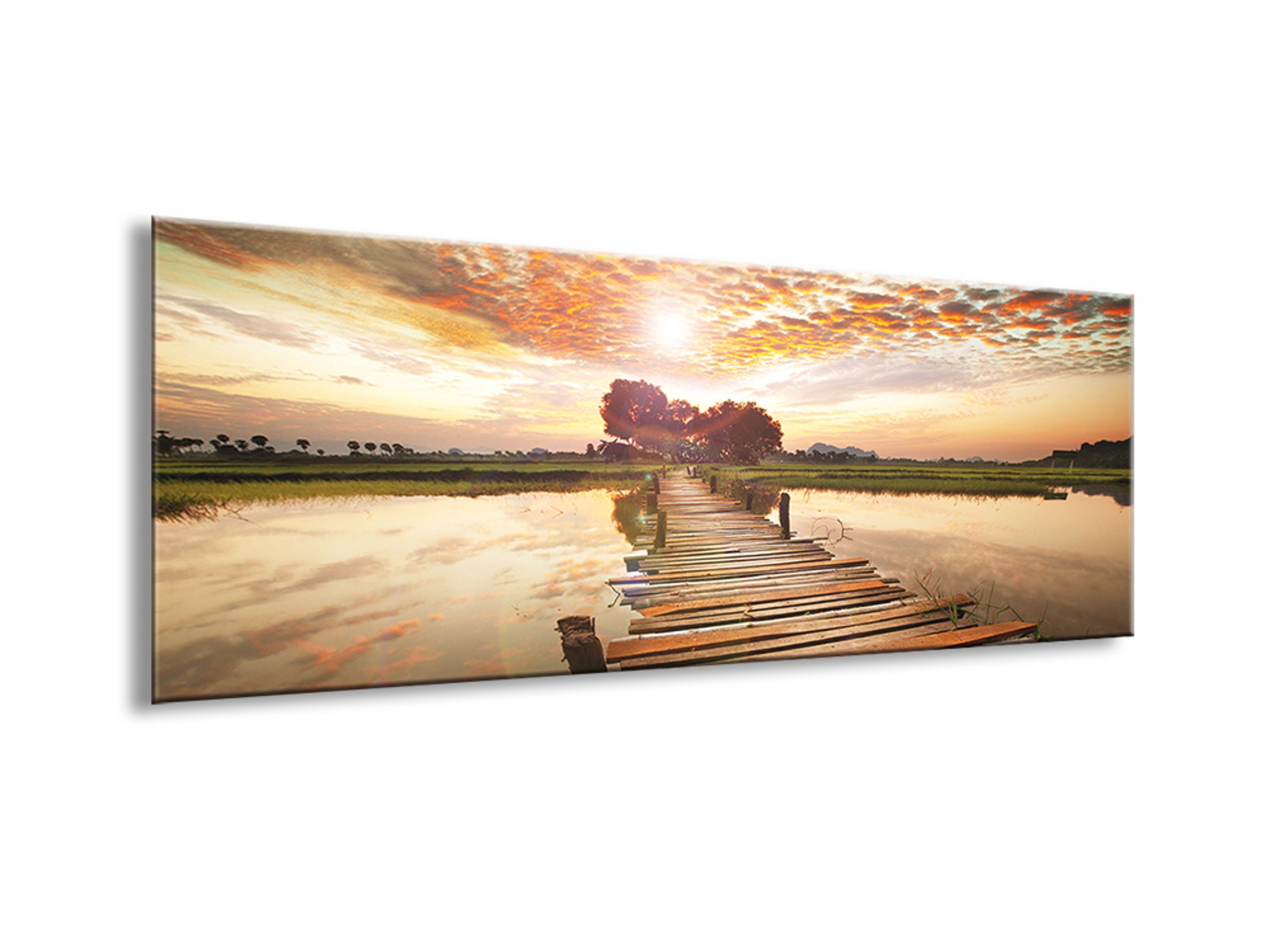 artissimo Glasbild Bild aus Glas 80x30 cm / Wandbild Querformat / Wanddeko modern, Landschaft: Steg im Sonnenuntergang in Orange und Gold