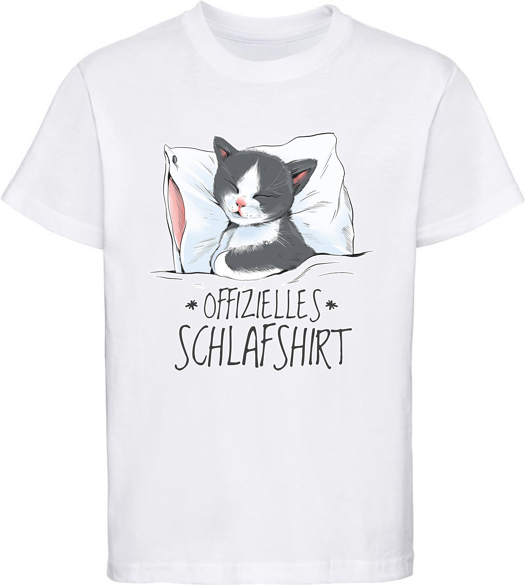 Schlafshirt Mädchen bedrucktes T-Shirt auf MyDesign24 Baumwollshirt - Aufdruck, rot, weiss Kissen mit i126 schwarz, Katze Print-Shirt weiß, rosa,