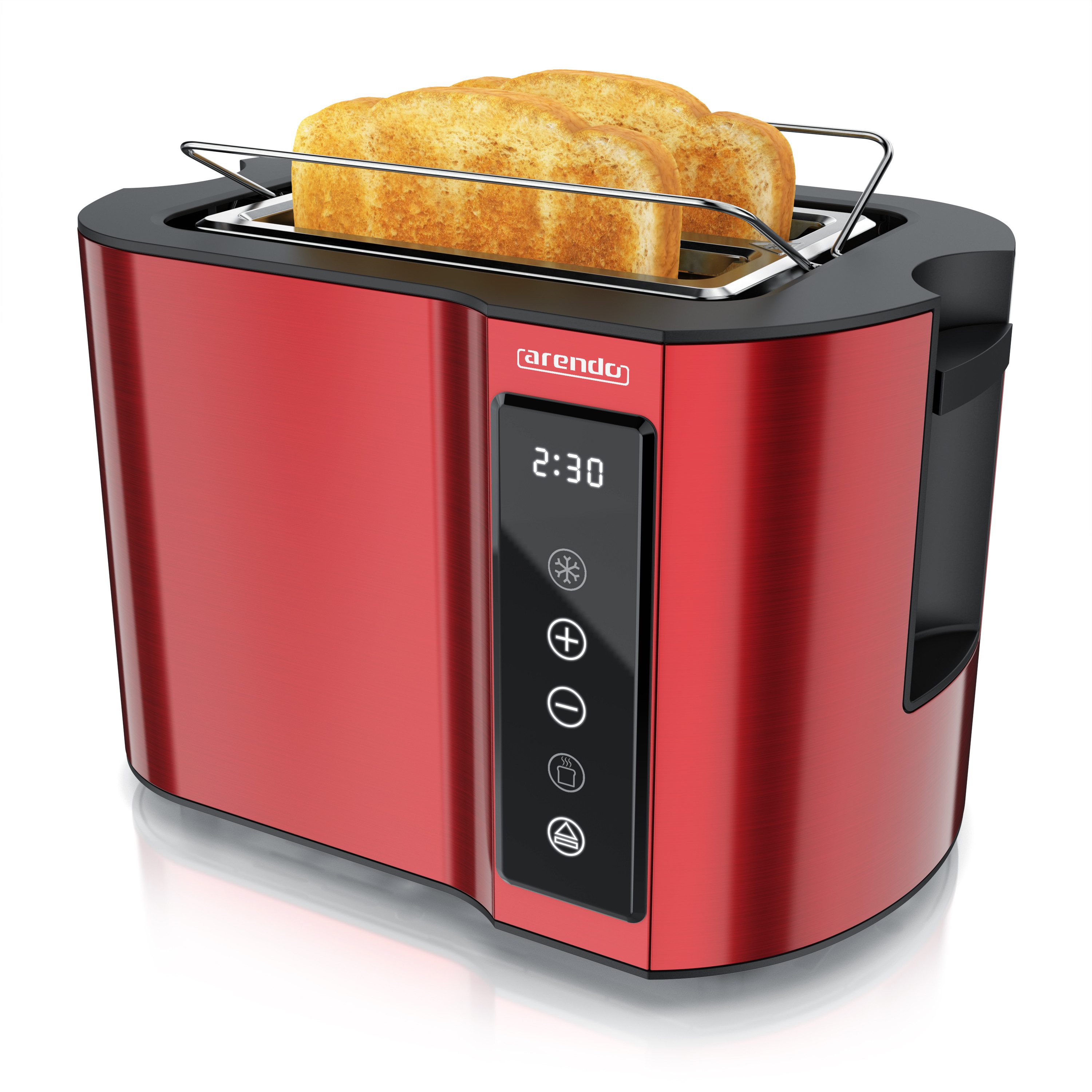 Arendo Toaster Wärmeisoliertes Doppelwandgehäuse, Display mit Restzeitanzeige, 2 kurze Schlitze, für 2 Scheiben, 800 W, Touchpanel, Brötchenaufsatz, 7 Bräunungsgrade, Brotscheibenzentrierung