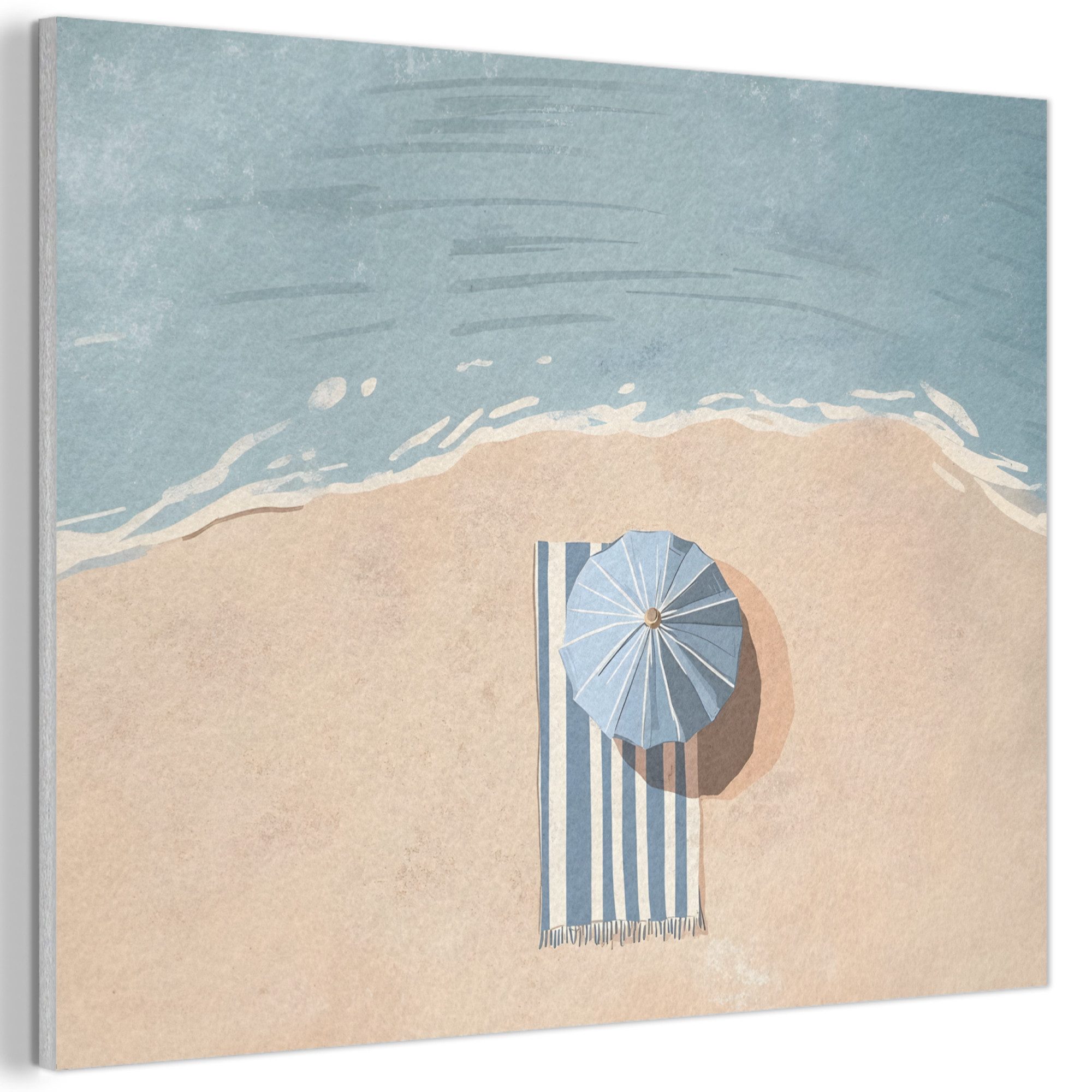 MuchoWow Gemälde Strandtuch - Streifen - Sonnenschirm - Strand, Fotodruck (1 St), Akustikbilder Schallabsorber, Wandpaneele, Akustikpaneele 70x50 cm