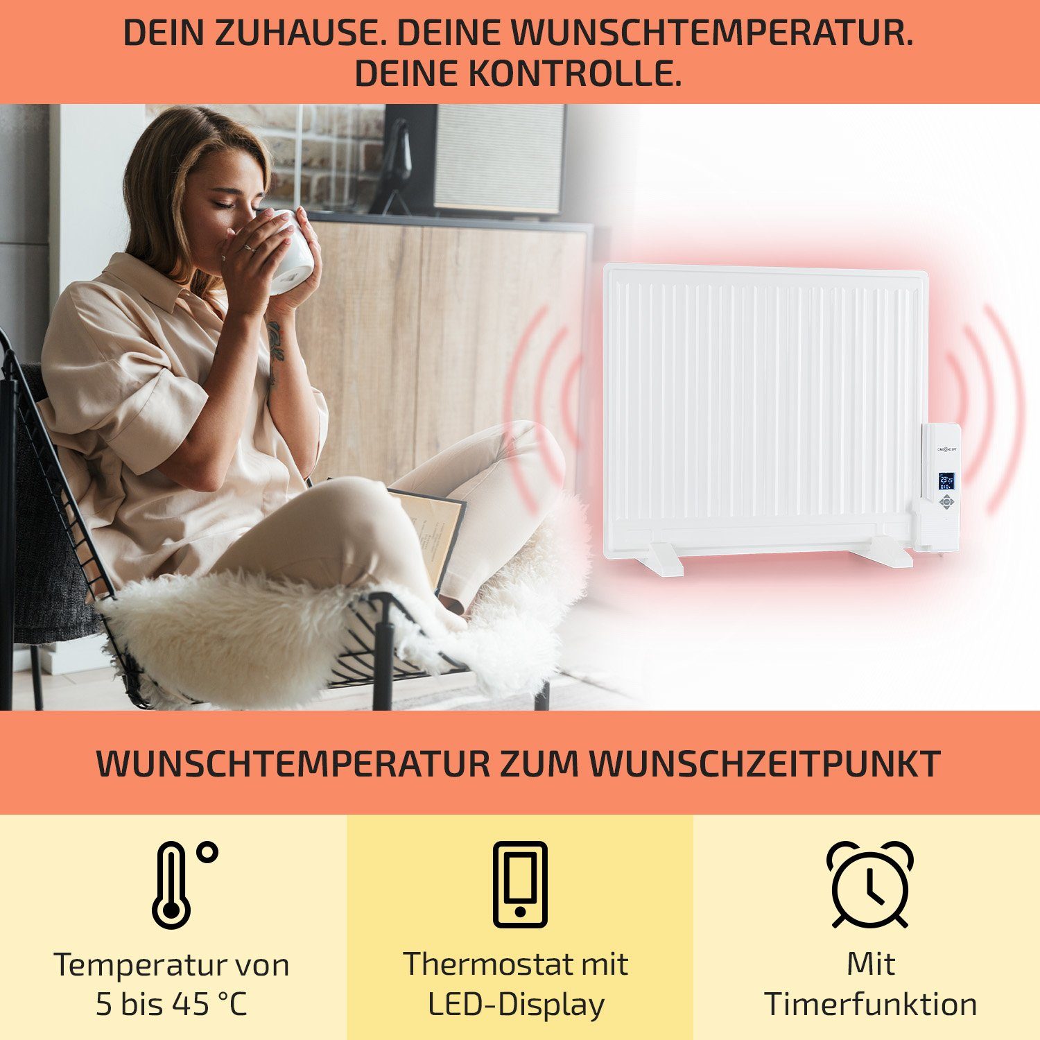 ONECONCEPT Heizstrahler Wallander, Ölradiator Thermostat Radiator elektrisch energiesparend Heizkörper