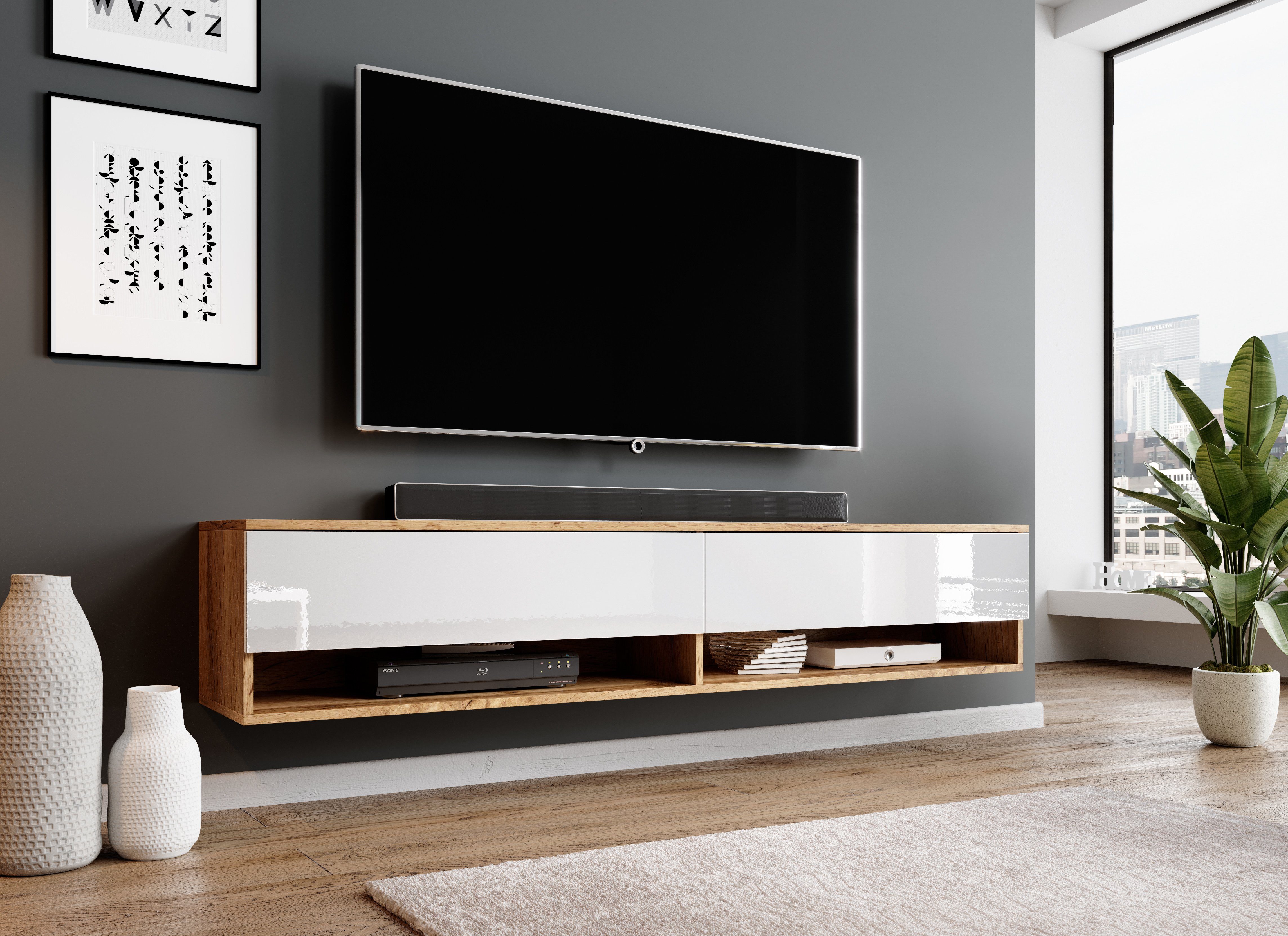 Furnix Sideboard Alyx TV-Kommode, Lowboard 160 TV Schrank OHNE LED-Beleuchtung, B160 x H34 x T32 cm Wotan/Weiß Glanz