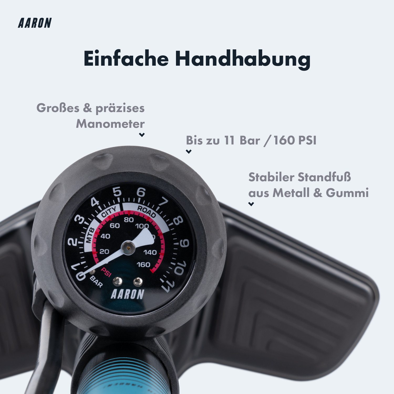 AARON Standpumpe Sport One 2.0 Fahrrad-Luftpumpe alle Ventile Manometer Standpumpe