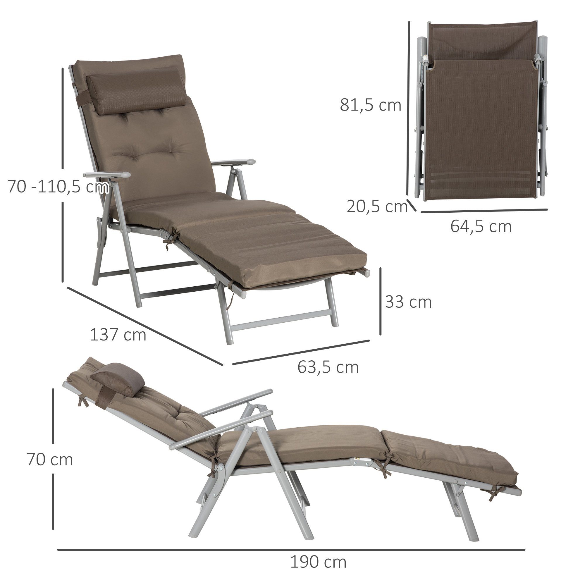 Outsunny Gartenliege Mit Kissen Garten Stoff 137 x 63,5 x 100,5 cm, Liege, 1 St., Sonnenliege, Sonnenliege klappbar verstellbar