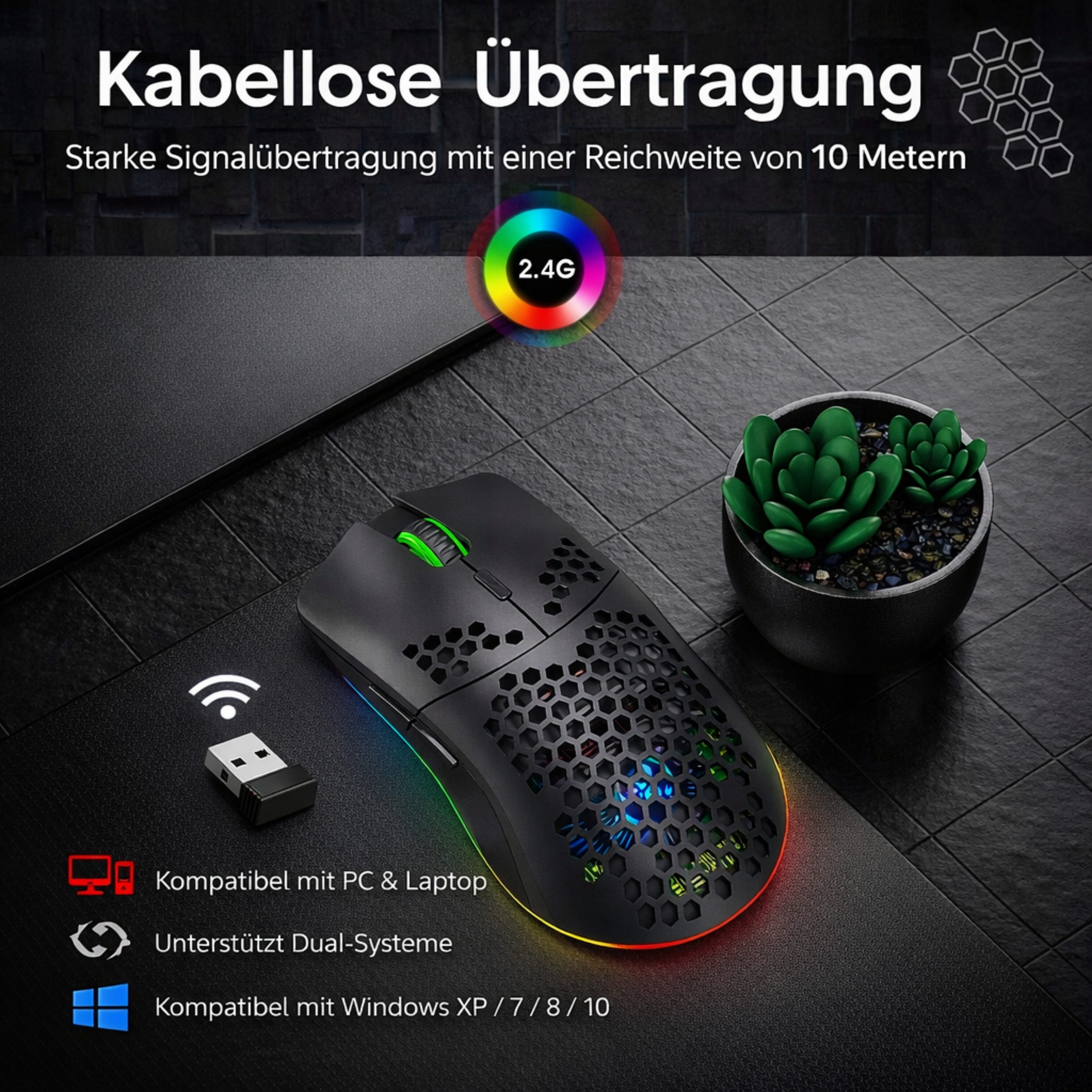 RUHE RGB Gaming Maus Kabellos Wireless Laut Maus Beleuchtung Plug & Play Gaming-Maus (Funk, 2.5G, USB-Dongel, Kabelgebunden Aufladbar, Drahtlos, Optische Maus, 3600 dpi, 10M Einstellbar DPI Schwarz Weiß 6 Tasten für Laptop/PC/Mac/Computer)
