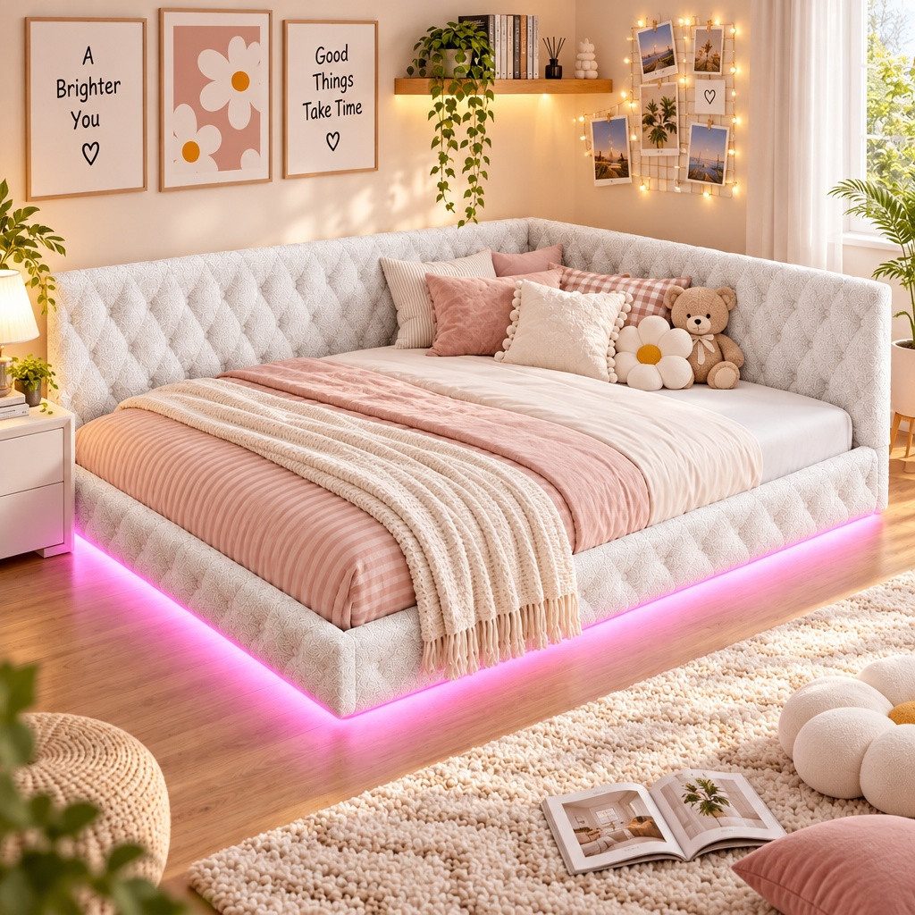 PXloue Polsterbett Daybett Tagesbett, Schlafsofa,Mit LED-Beleuchtung und USB-Ladeanschluss,140x200 cm