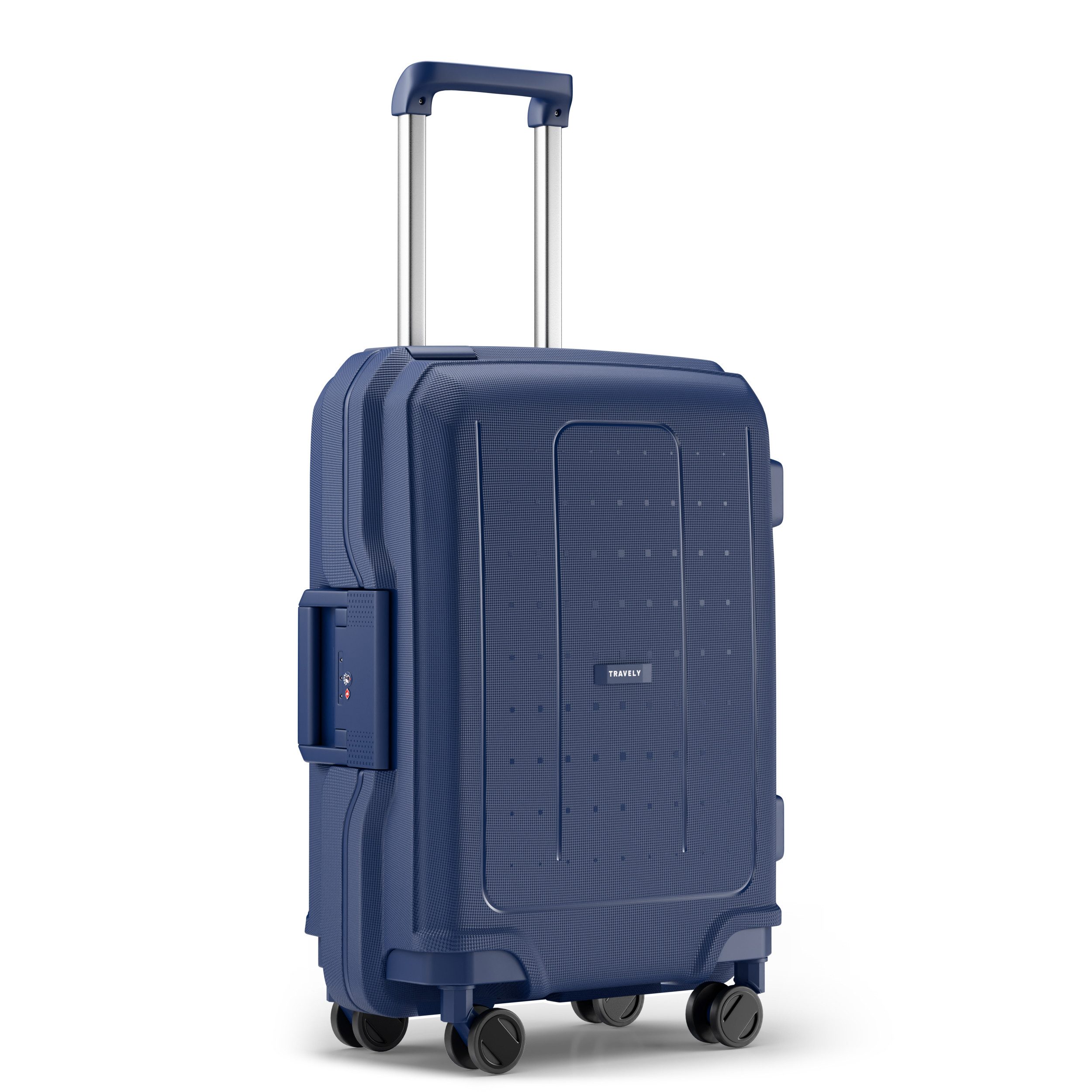 Travely Koffer Polypropylen Handgepäck Koffer 55x40x20cm - für Ryanair Lufthansa etc, 4 Rollen, Designed in Germany, austauschbare Griffe und Rollen