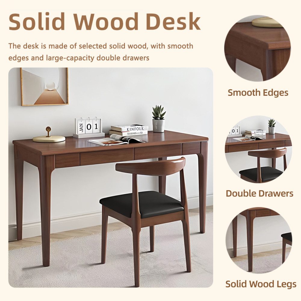 BBWL Schreibtisch mit Schubladen, Walnuss Stehschreibtisch mit abgerundeten Kanten, Massivholz Schreibtisch im Mid-Century Stil