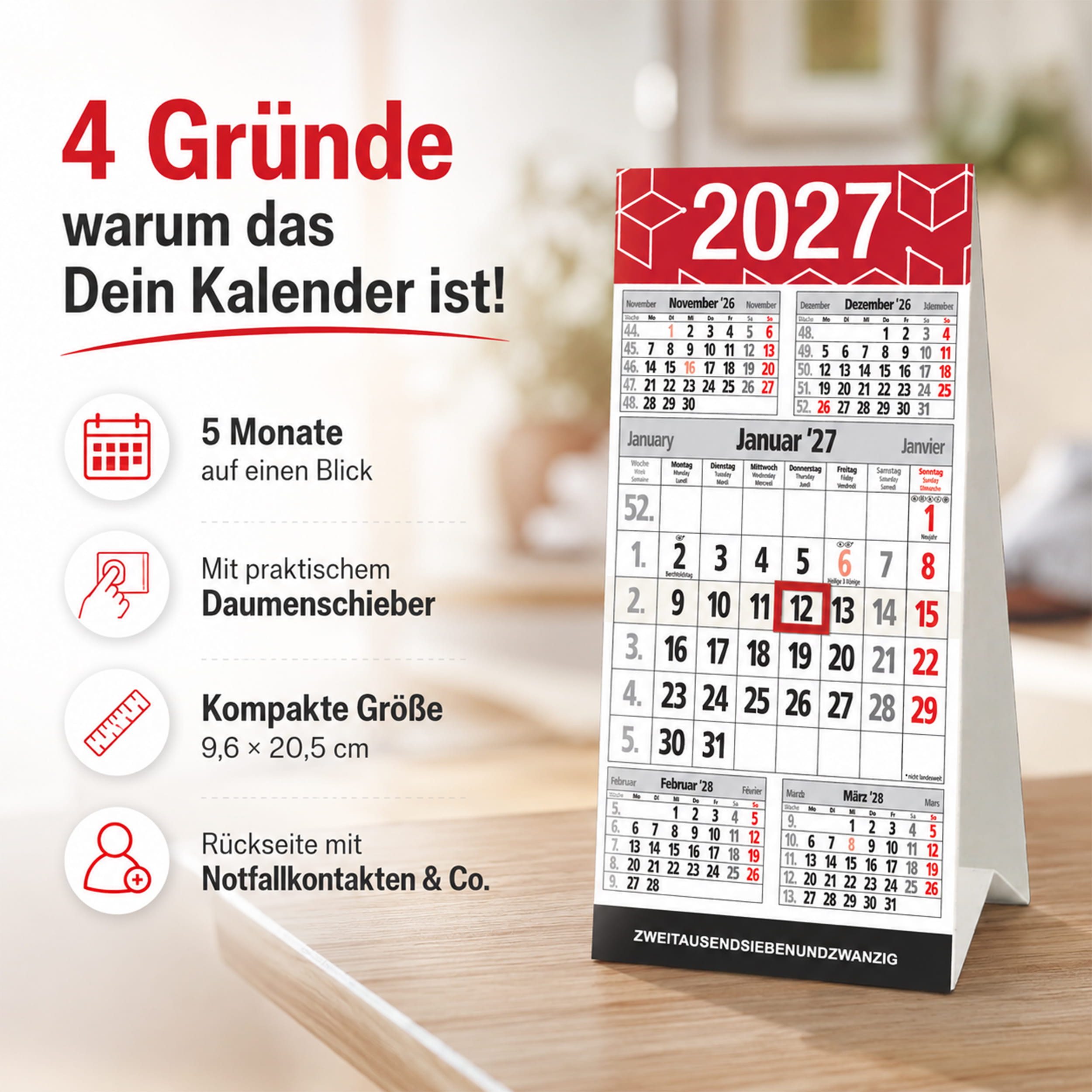 TOBJA Tischkalender Tischkalender 2027 Senior Hochformat 5 Monate Datumsschieber FSC, Notrufnummern, Notfallkontakte, 5 Monate, FSC, Aufsteller
