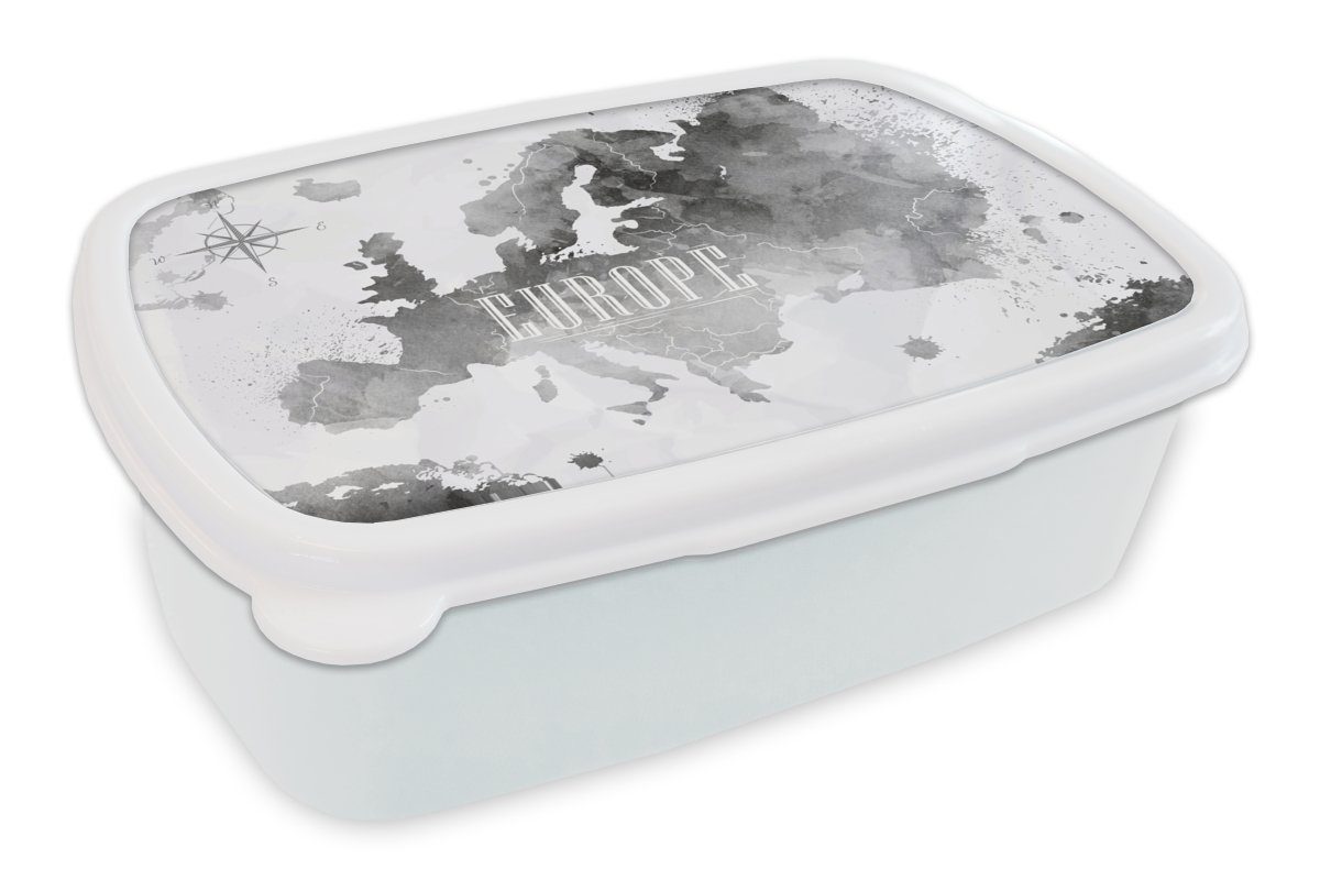 MuchoWow Lunchbox Aquarell - Weltkarte - Schwarz, Kunststoff, (2-tlg), Brotbox für Kinder und Erwachsene, Brotdose, für Jungs und Mädchen weiß