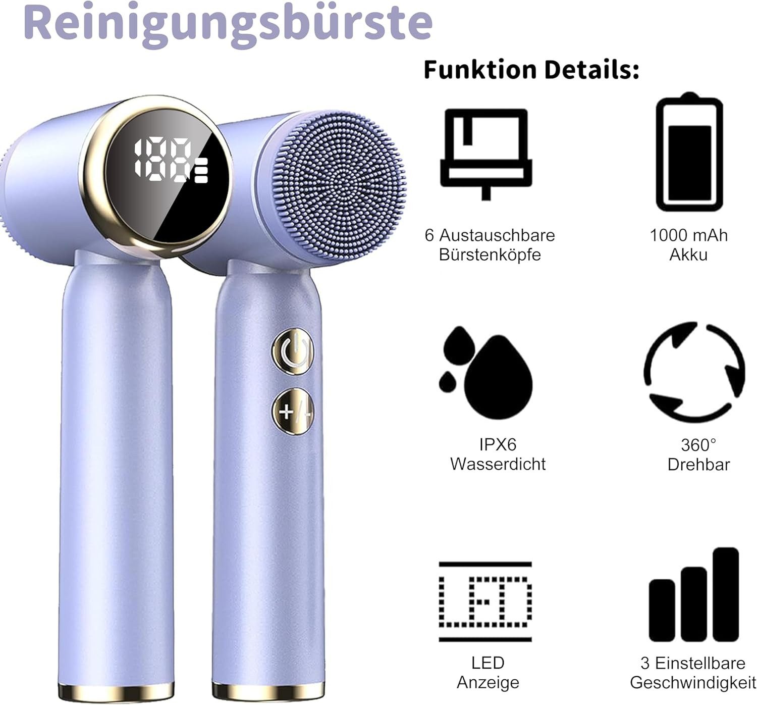MOPUEA Elektrische Gesichtsreinigungsbürste 6-in-1 Motorisierte Gesichtsreinigungsbürste mit 6 Bürstenköpfen