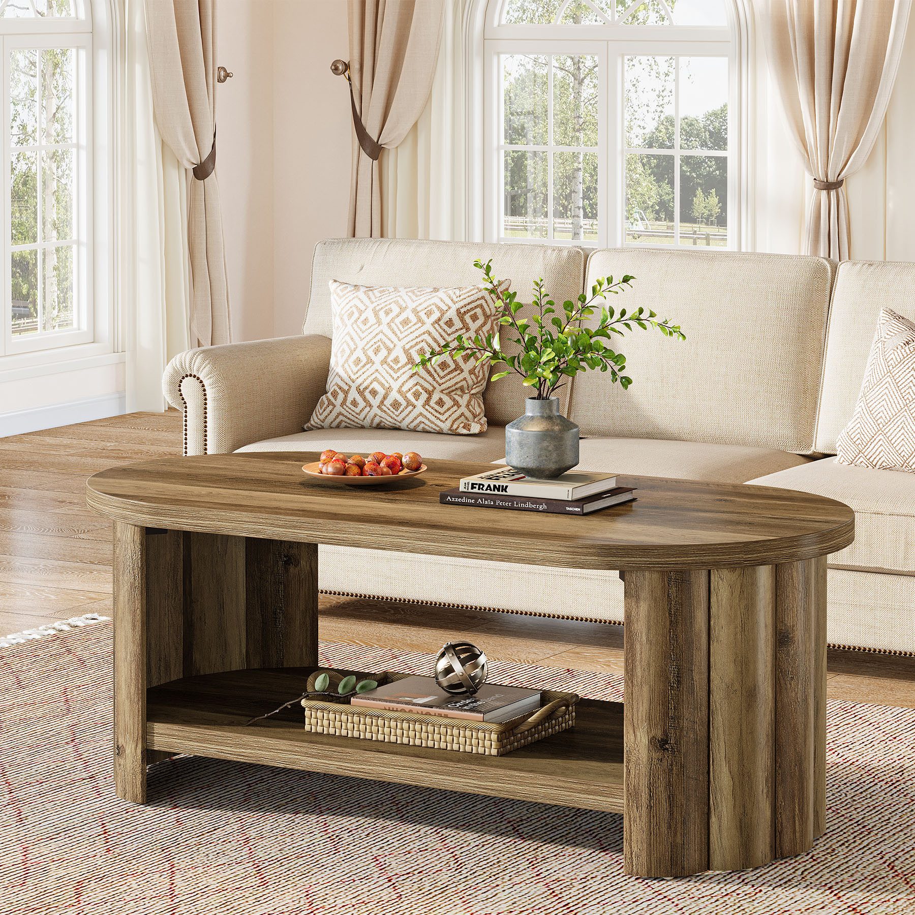 Tribesigns Couchtisch Ovaler Couchtisch 120 cm, 2-stufiger Stauraum Tisch mit Ablageboden