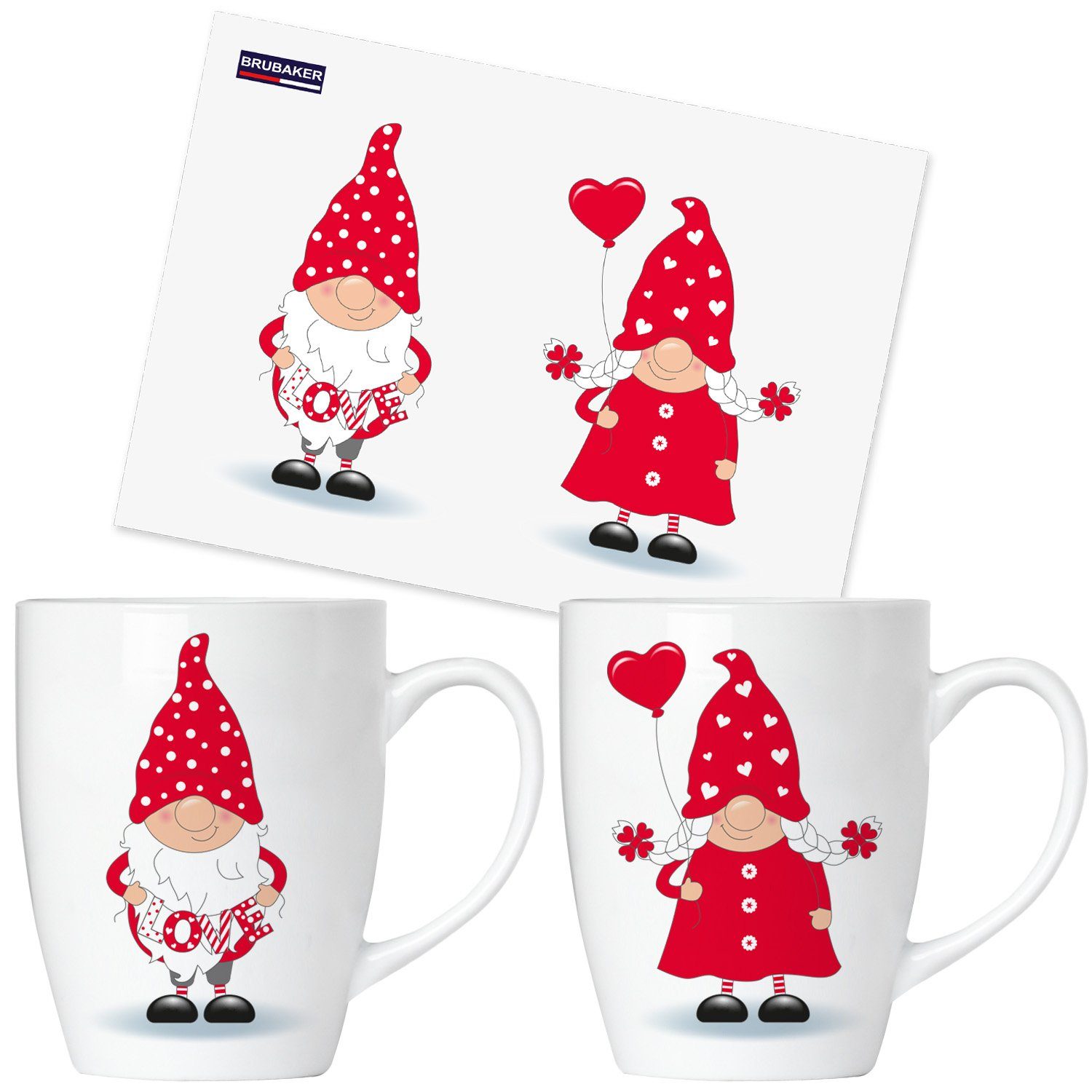 BRUBAKER Tasse Kaffeetassen Verliebte Zwerge mit Grußkarte, Keramik, Kaffeebecher für Valentinstag Weihnachten Weihnachtswichtel - 300 ml Wichtel Tassen Geschenkset - Herz Zwergen Set in Geschenkbox - Love Gnome