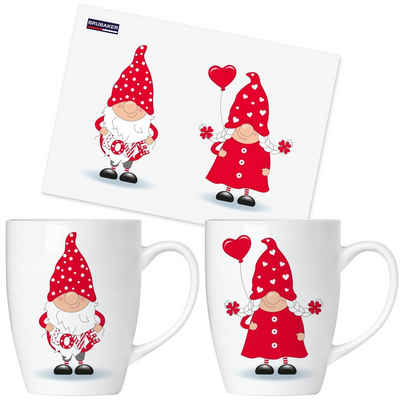 BRUBAKER Tasse »Kaffeetassen Verliebte Zwerge mit Grußkarte«, Keramik, Kaffeebecher für Valentinstag Weihnachten Weihnachtswichtel - 300 ml Wichtel Tassen Geschenkset - Herz Zwergen Set in Geschenkbox - Love Gnome