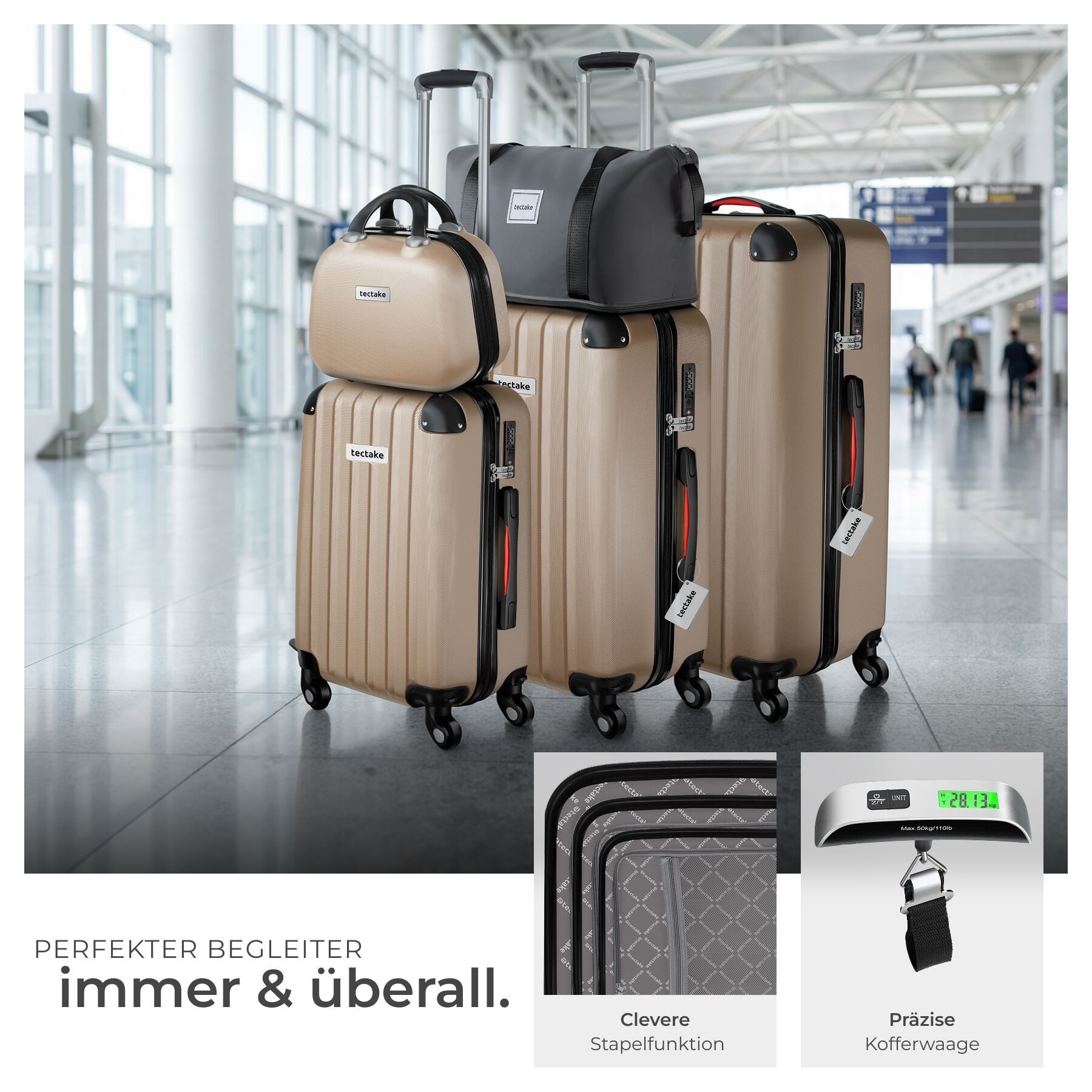 tectake Trolley Hartschalenkoffer-Set 19-teilig aus ABS-Kunststoff, Kofferwaage, 4 Rollen, TSA-Schloss, 360° drehbare, abnehmbare Rollen, mit Packwürfelset – Bild 3 von 5