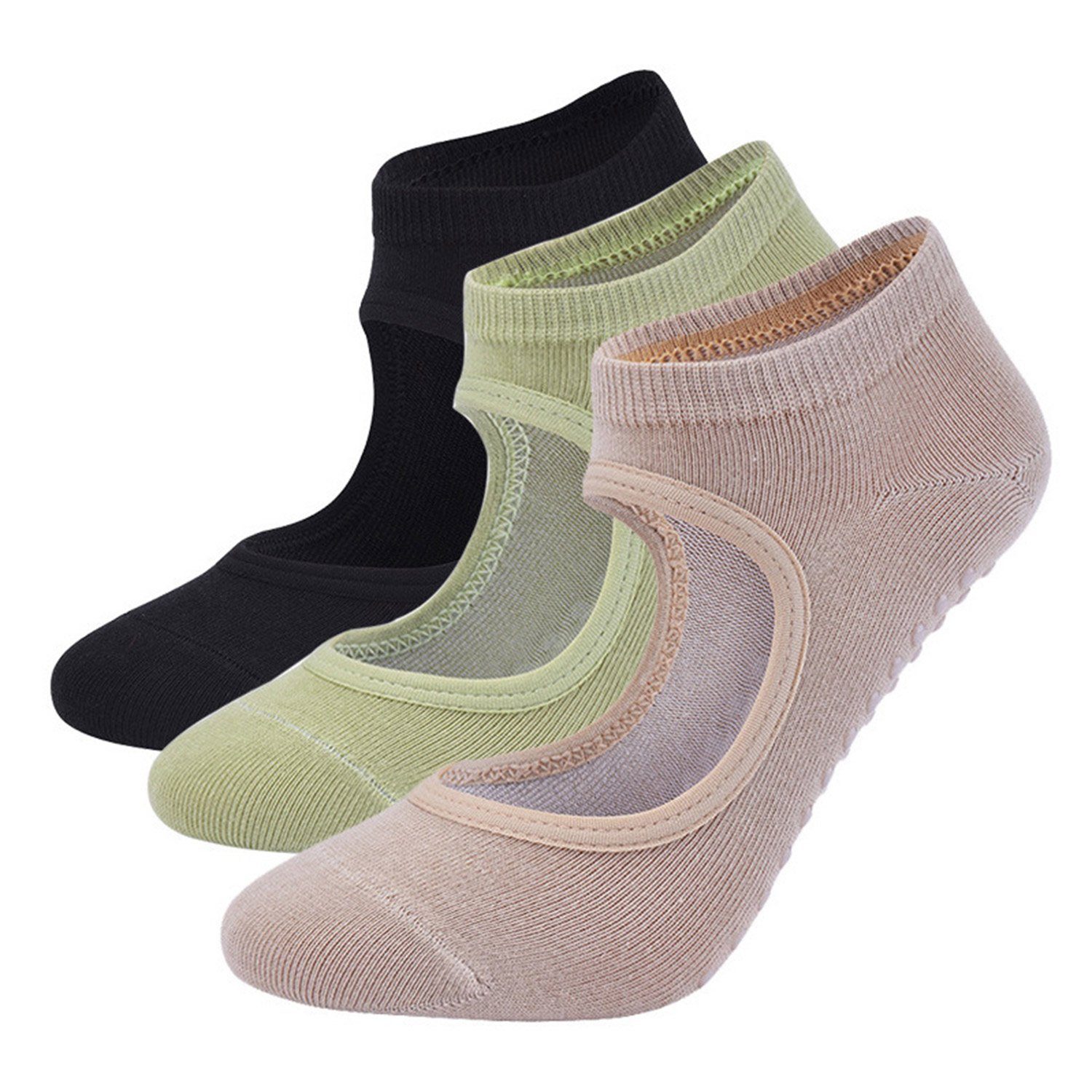 Daisred Sneakersocken Yoga Socken Rutschfeste für Damen, 3 Paare Pilates Sock Grün+Schwarz+Beige