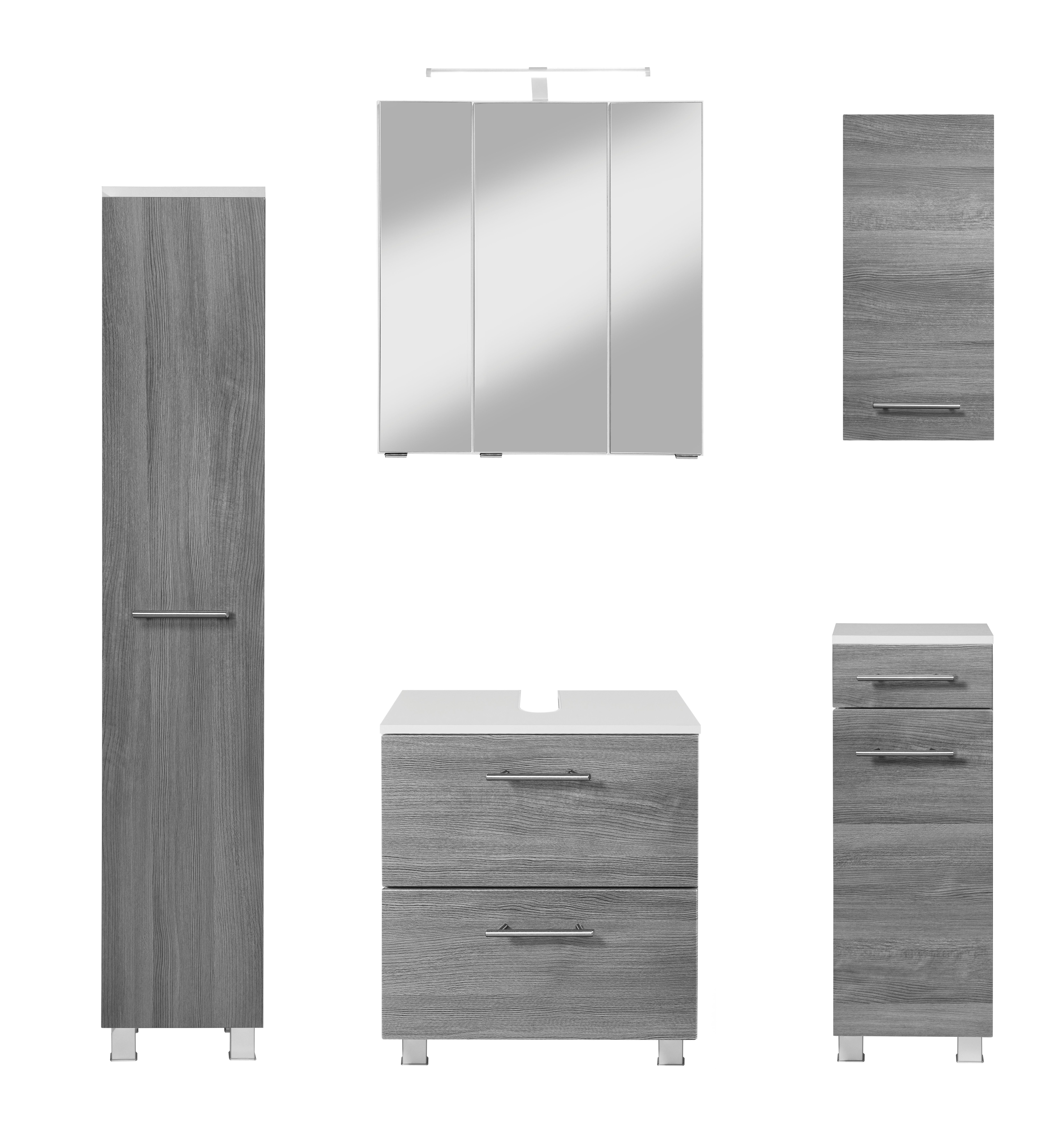 welltime Badmöbel-Set "Trento", Badezimmer-Set, Hängeschrank, Unterschrank, Midischrank, (5-St), Waschbeckenunterschrank, Spiegelschrank inkl. Aufbauleuchte