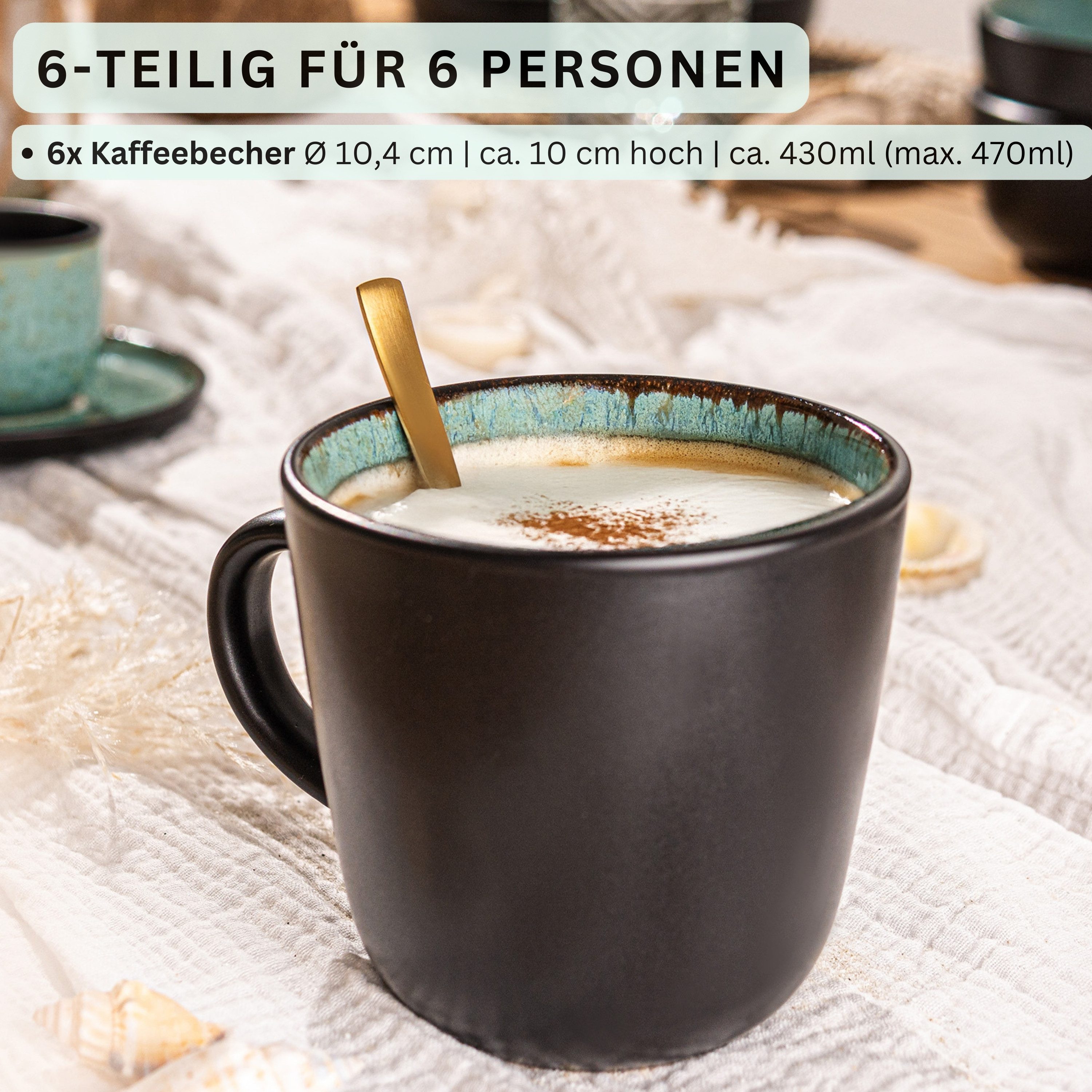 SÄNGER Becher Set Fiji Grün Schwarz, 6-tlg., Steingut, 6 tlg. Kaffeebecher Set, Handmade, VALUE COLLECTION
