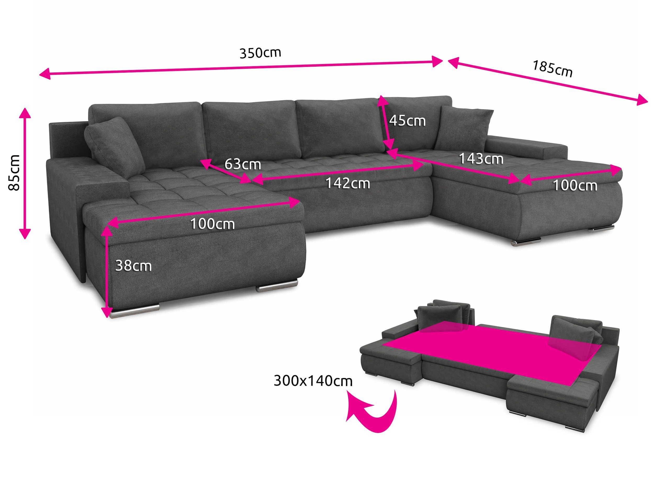 Sofnet Wohnlandschaft Faris U, mit Schlaffunktion und Bettkasten, Ecksofa, U-Form Couch, Schlafsofa mit Wellenfeder