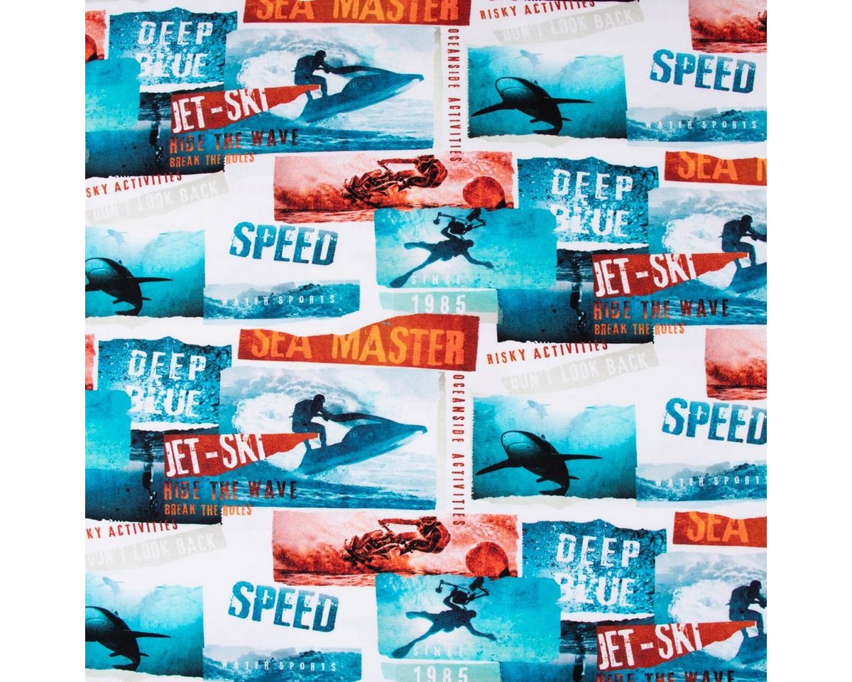 Thumbnail - SCHÖNER LEBEN. Stoff Baumwolljersey Digitaldruck Jetski Hai Taucher weiß blau rot 1,5m, allergikergeeignet