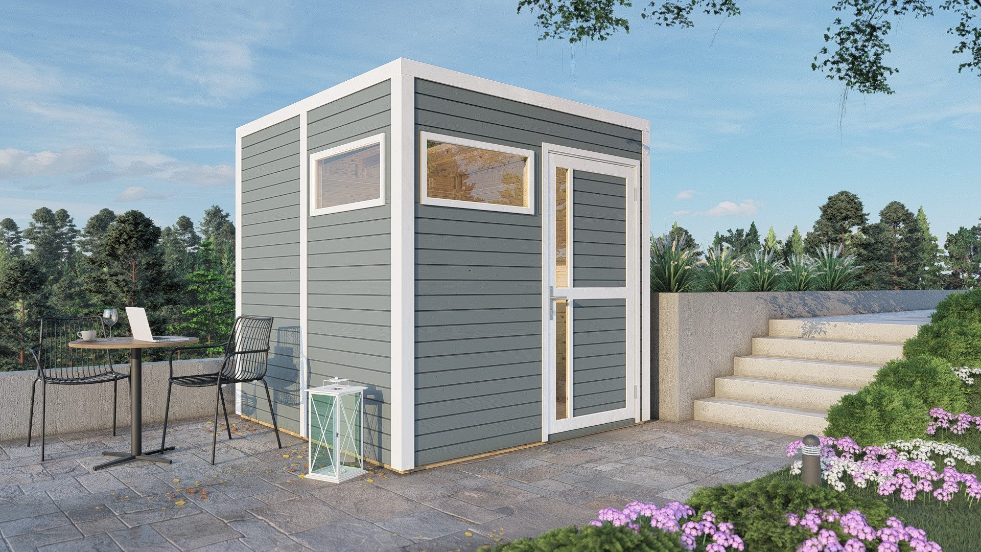 BERTILO Gerätehaus Cubus 2 hellgrau Holz Gartenhaus, Bausatz