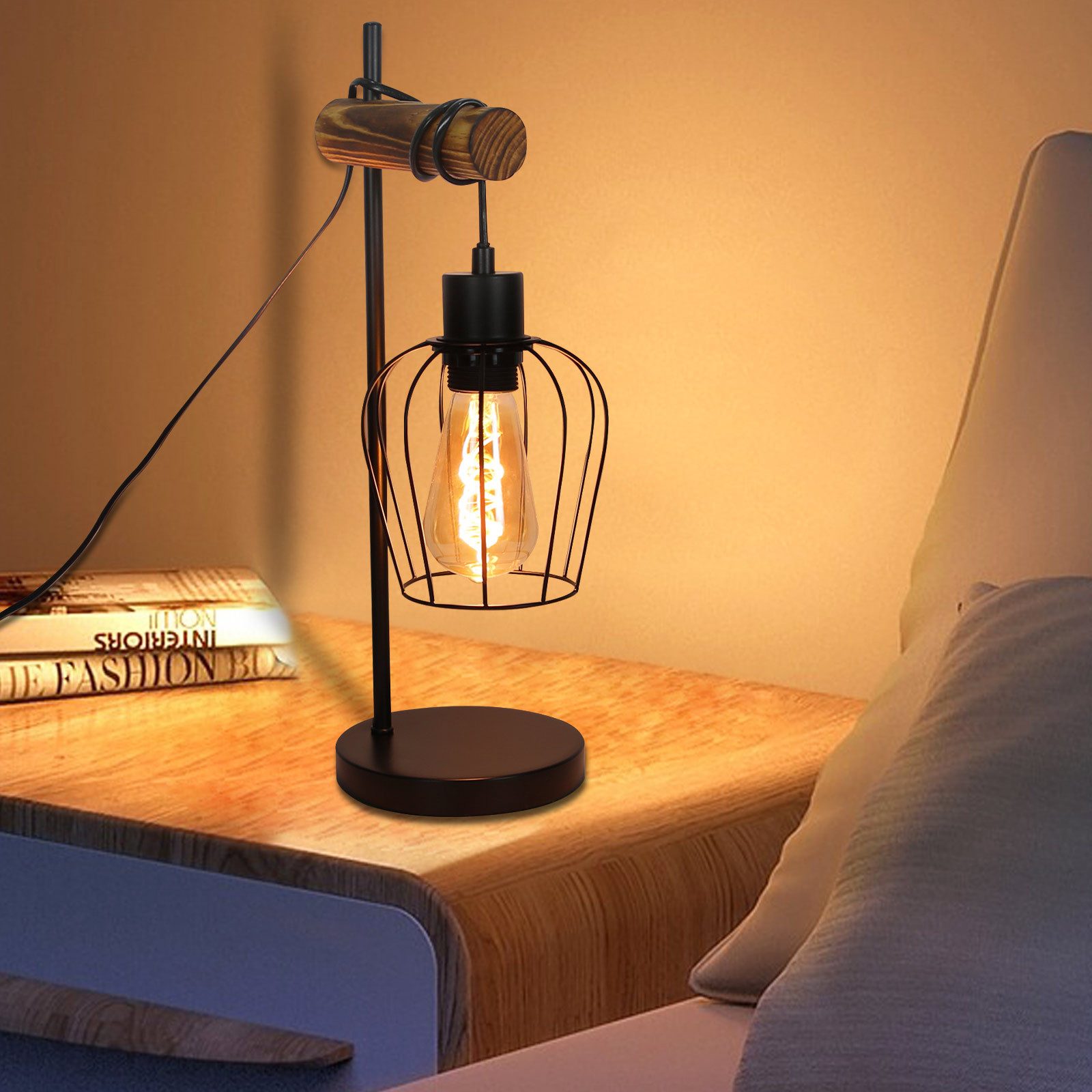 Tischleuchte Holz Vintage E27 Tischlampe 1 flammige Nachttischlampe Landhausstil
