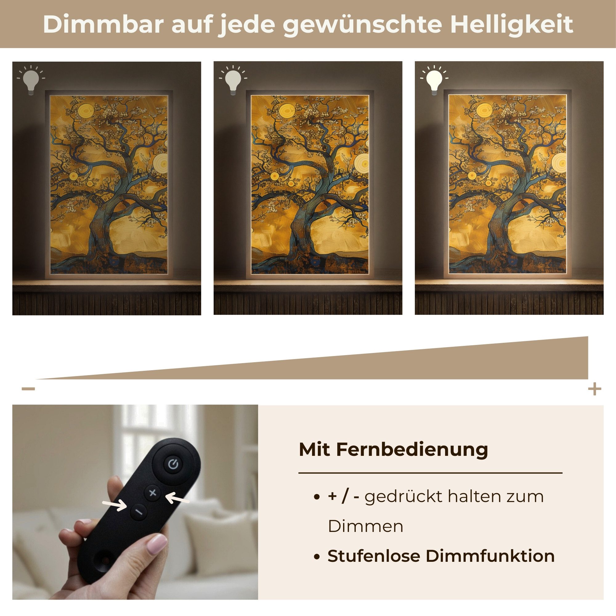 OnlyWow Wandleuchte Lightbox Baum - Baum des Lebens - Abstrakt - Gold, Dimmbar, Farbwechsel, LED, Warmweiß, Kaltweiß, Neutralweiß Einstellbar, Wandlampe Innen, Dimmbar, Aufladbarer USB Akku, LED, Beleuchtung