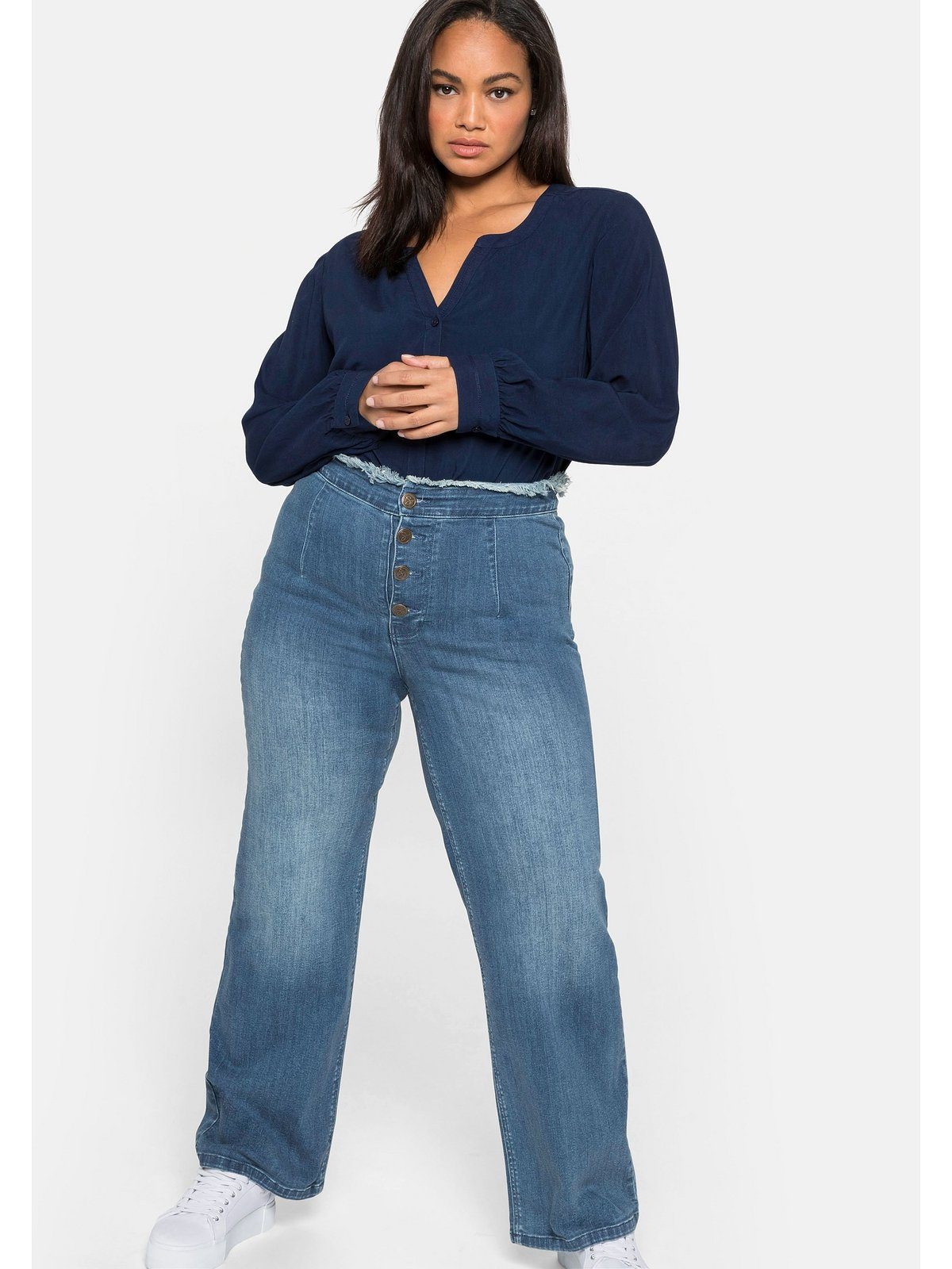 Sheego Gerade Jeans Große Größen mit fransigem High-Waist-Bund